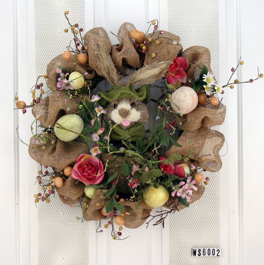 Season Flower Bunny with Eggs Burlap Wreath