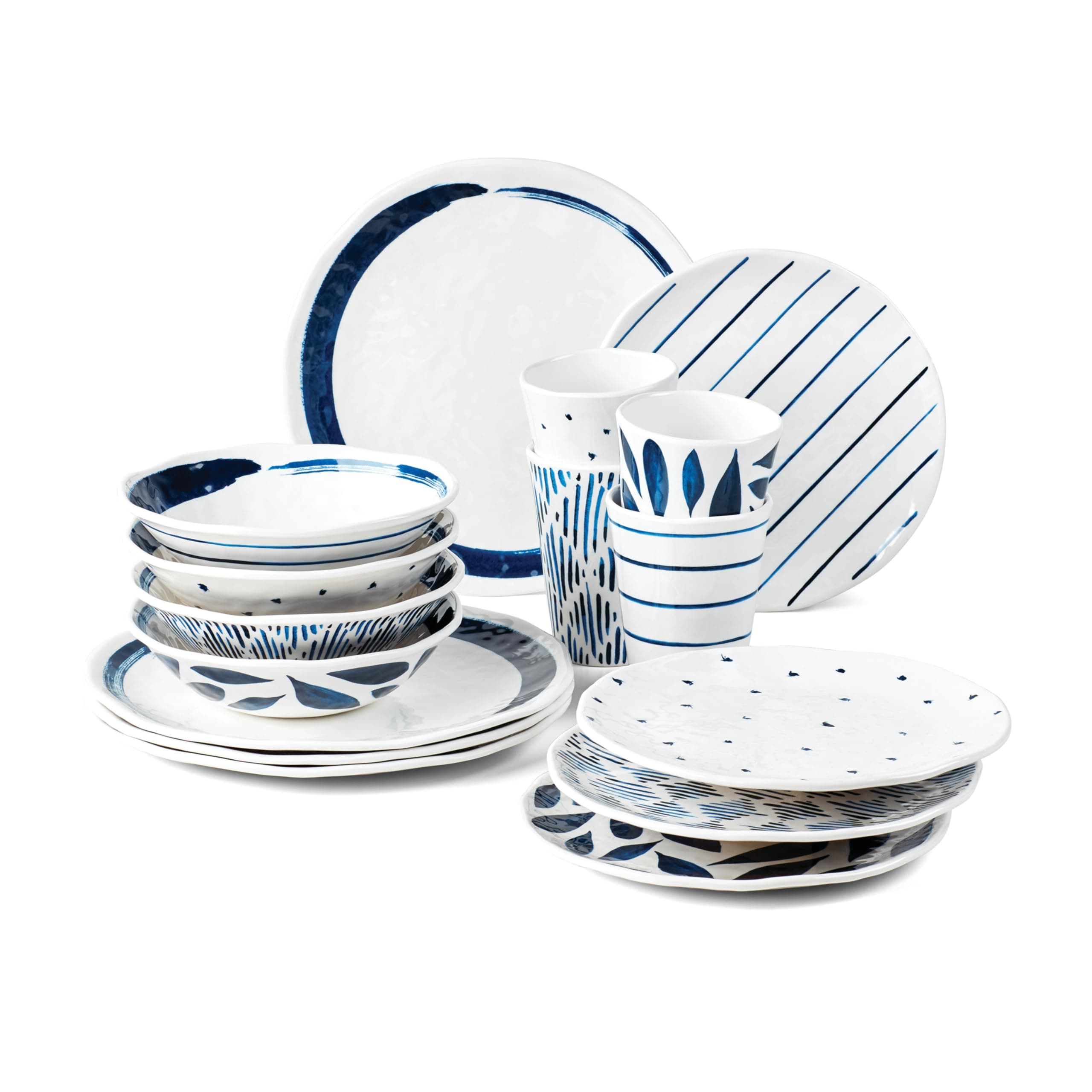 895323 Blue Bay Melamine 16-Piece Dinnerware Set, Lightweight Melamine Material