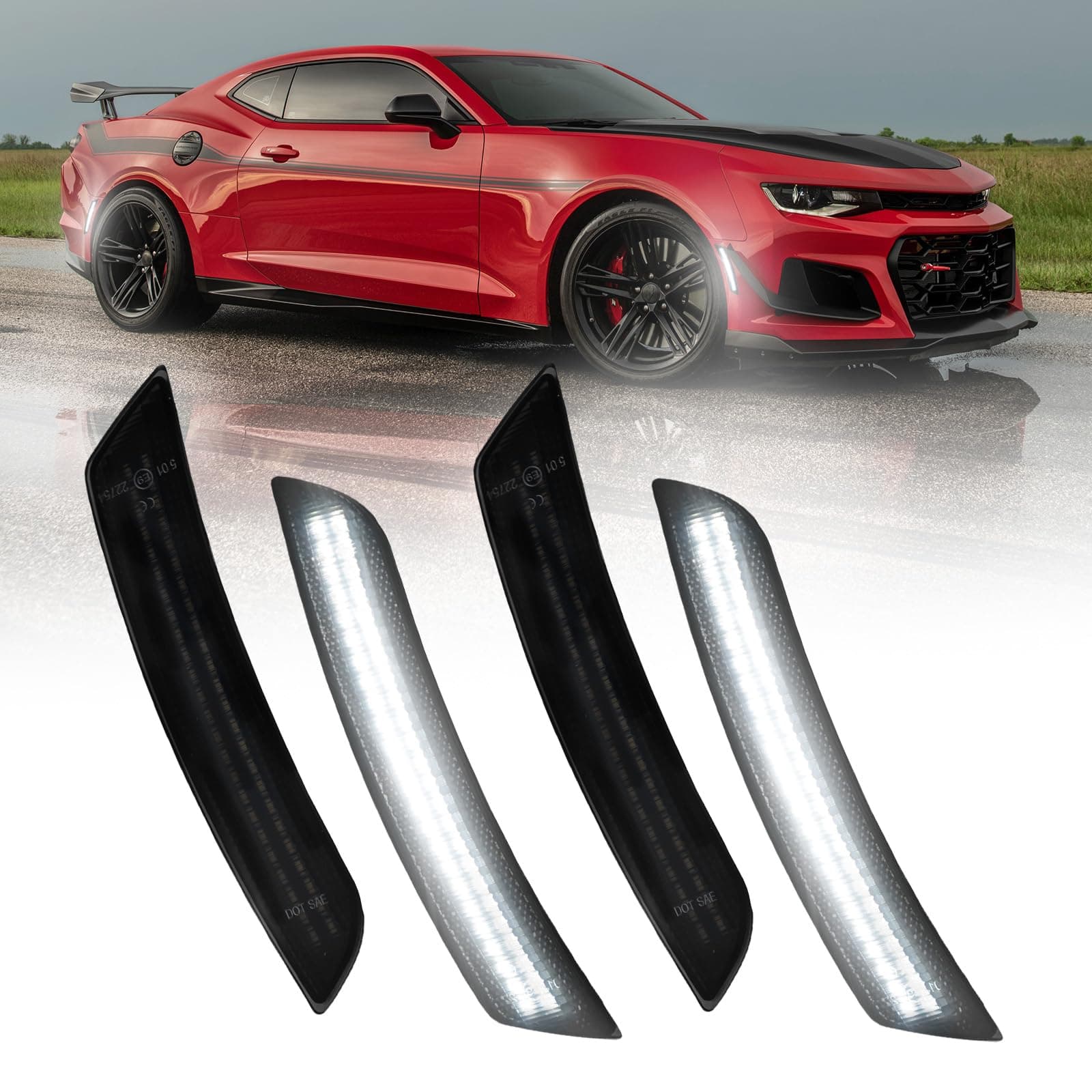 LED Side Marker Lights White Compatible With Chevrolet Camaro 2016-2023, Front & Rear Fender Side Markers, Smoked Lens Driver & Passenger Side Bumper Lights, 4PCS