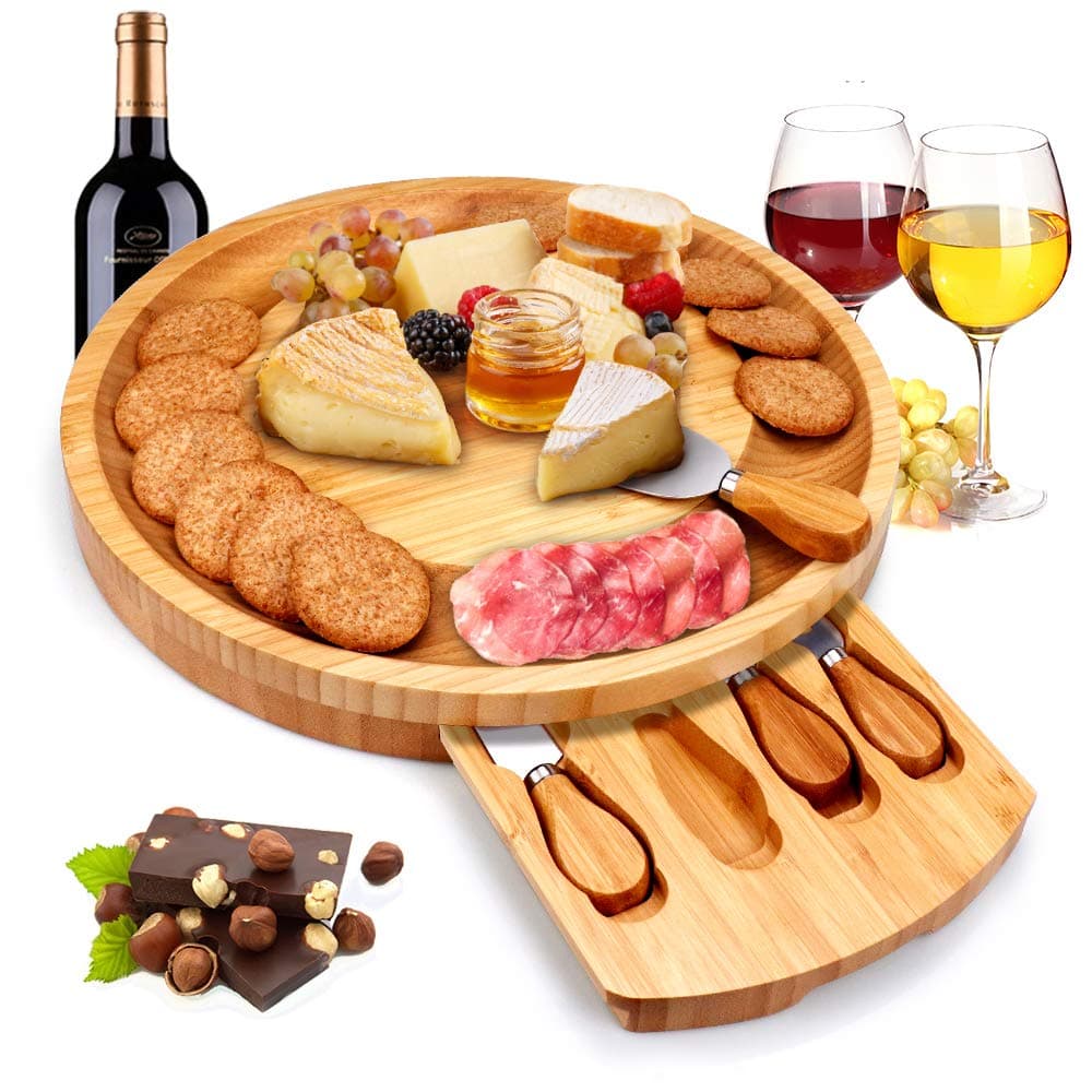 Bamboo Cheese Board Set with Cheese Tools and and Cutlery In Slide-Out Drawer - Including 4 Stainless Steel Knife and Serving Utensils