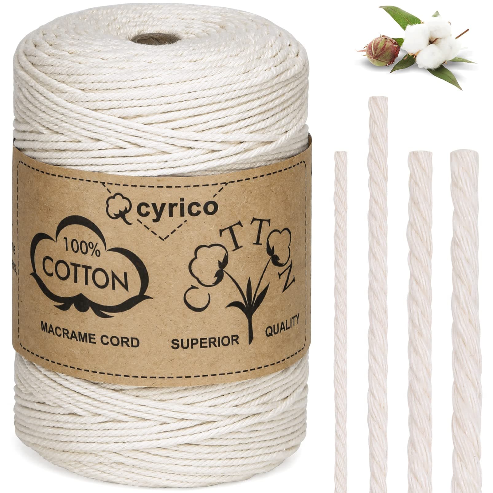 Cyrico 100% Natural Cotton Macrame Cord, 3mm x 300 Yards - Twisted, Natural