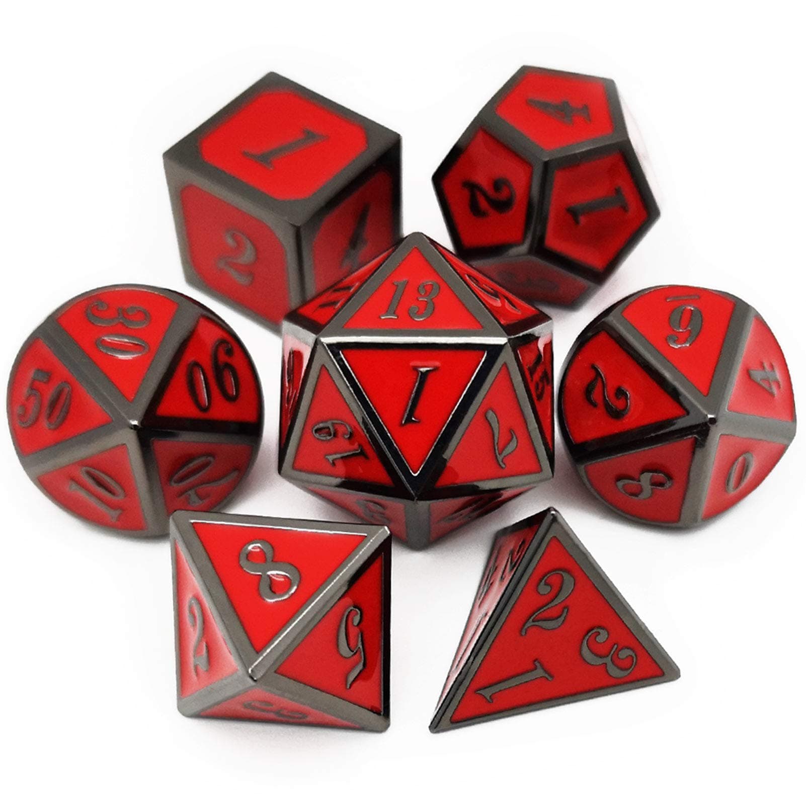 Haxtec 7 Die Metal Dice Set D&D 7PCS DND Dice of D20 D12 D10 D8 D6 D4 Compatible with Dungeons and Dragons RPG Games-Glossy Enamel Dice (Black Red)