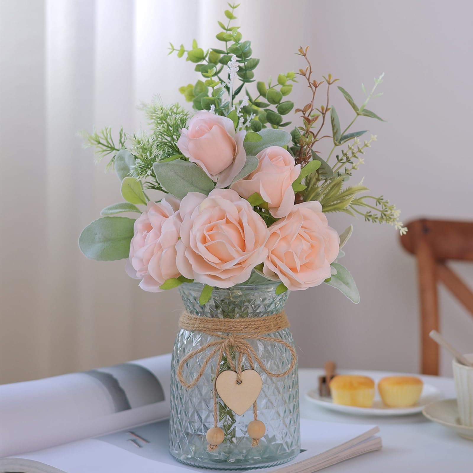 YXZZWL Fake Flowers with Vase, Artificial Silk Roses Bouquet in Vase, Centerpiece Table Decorations for Coffee Table， Living Room ，Dining Table，Office，Farmhouse，Kitchen，Home Decor (Pink)