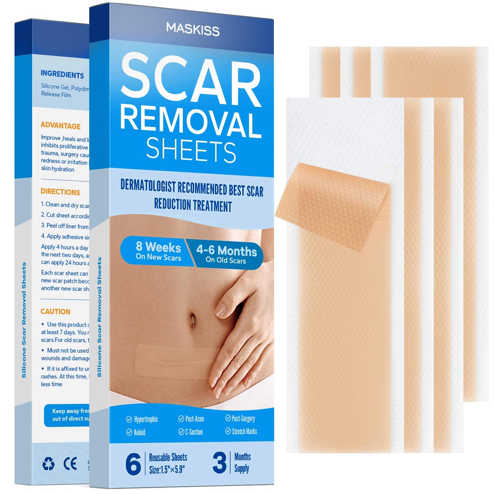 6-Pack Silicone Scar Sheets (1.57 * 5.9 Inches), Maskiss silicone strips for scar healing, Surgical, Keloid, Burns, C-Section, Trauma, Reusable Medical Grade