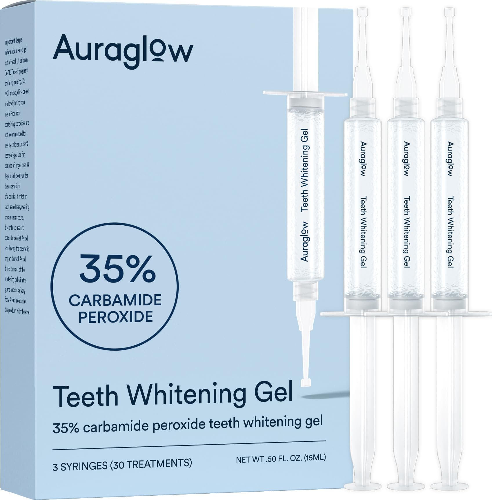 Auraglow 35% Teeth Whitening Gel for Trays, Retainers & Aligners – Dentist Strength Carbamide Peroxide Whitener, 30 Treatments, 3 Syringes (5mL)