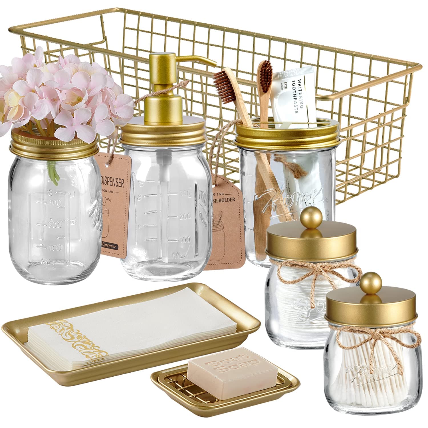 SheeChung 8PCS Mason Jar Bathroom Accessories Set Complete - Soap Dispenser, Toothbrush Holder, 2pcs Qtip Holders, Flower Vase, Soap Holder, Vanity Tray, Toilet Paper Storage, Bathroom Decor - Gold