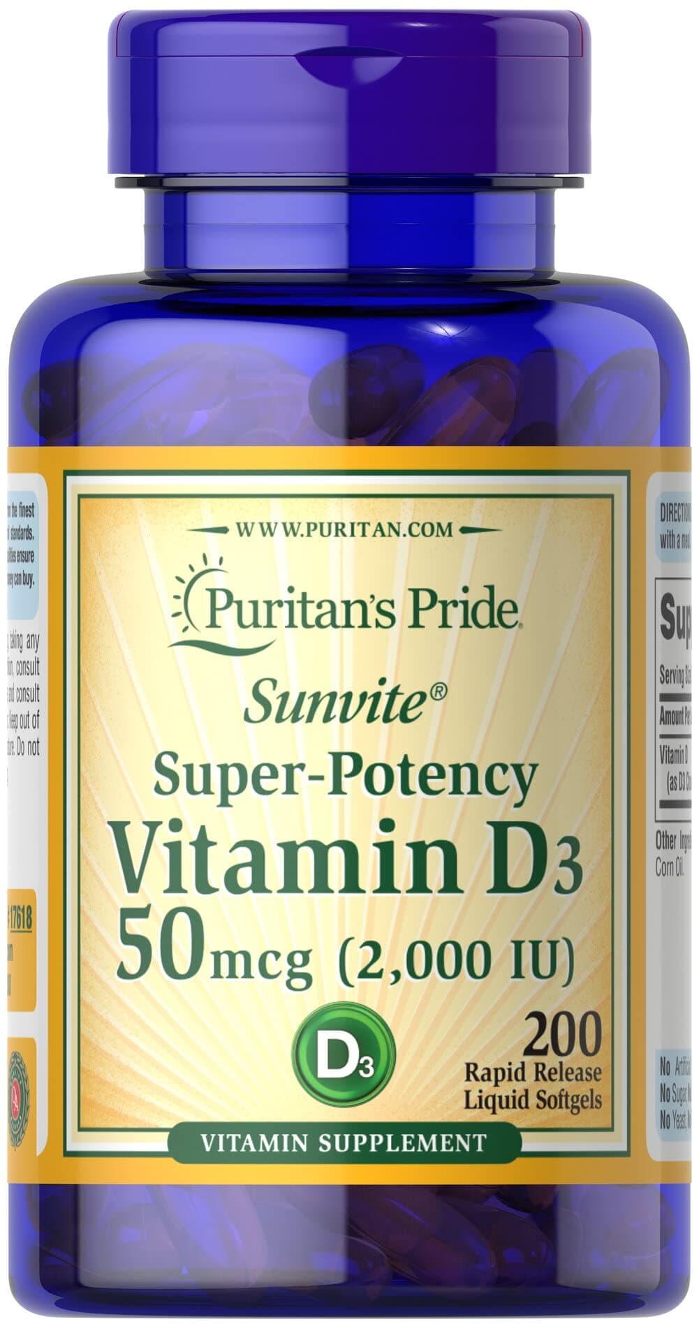 Vitamin D3 50mcg (2,000 IU) Bolsters Immune Health by Puritan's Pride for Support of Immune Health and Healthy Bones and Teeth 200 Softgels