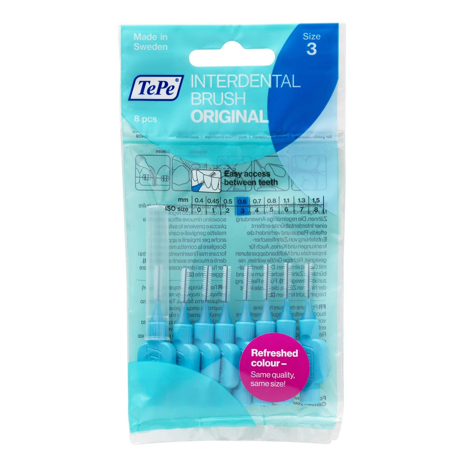 Interdental Brush, Original, Blue, 0.6mm/ISO 3, 8pcs, Plaque Removal, efficient Clean Between The Teeth, Tooth Floss, for Small Gaps