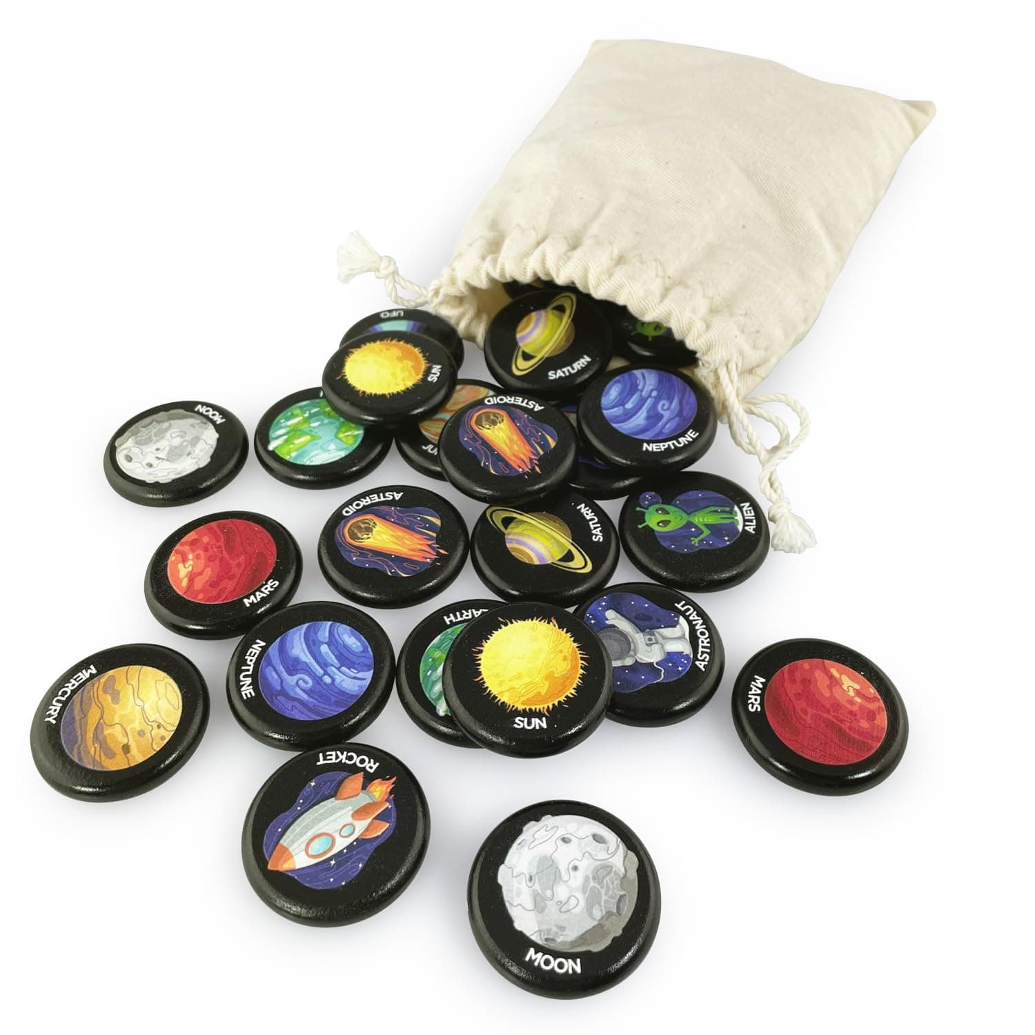 Ulanik Space Matching Pairs Memory Game Toddler Wooden Board Games for Kids 3+ 4 5 6 7 Year Old Learning & Education Preschool Toys — 30 chips