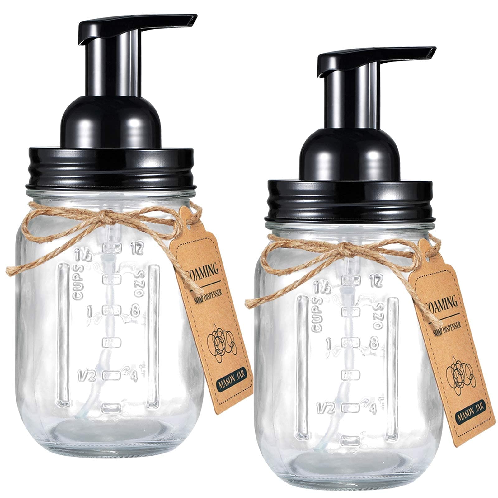 Amolliar Mason Jar Foaming Soap Dispenser, Plastic Pump Rustproof Stainless Steel Lid, Waterproof Label, Rustic Farmhouse Decor Hand Soap Dispenser, Dish Soap for Bathroom, Kitchen, Bath, Black 2 Pack