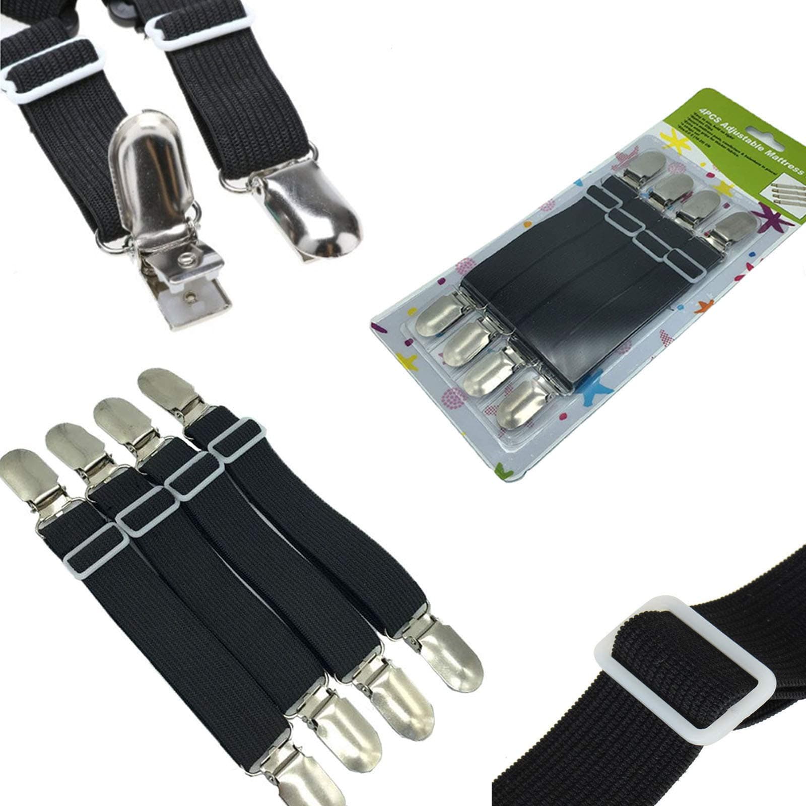 FlyingP Adjustable Bed Sheet Fasteners Suspenders Corner Holder Elastic Straps Suspenders Clips Grippers Mattress Pad Cover Suspenders Ironing Board Cover Fasteners Set of 4