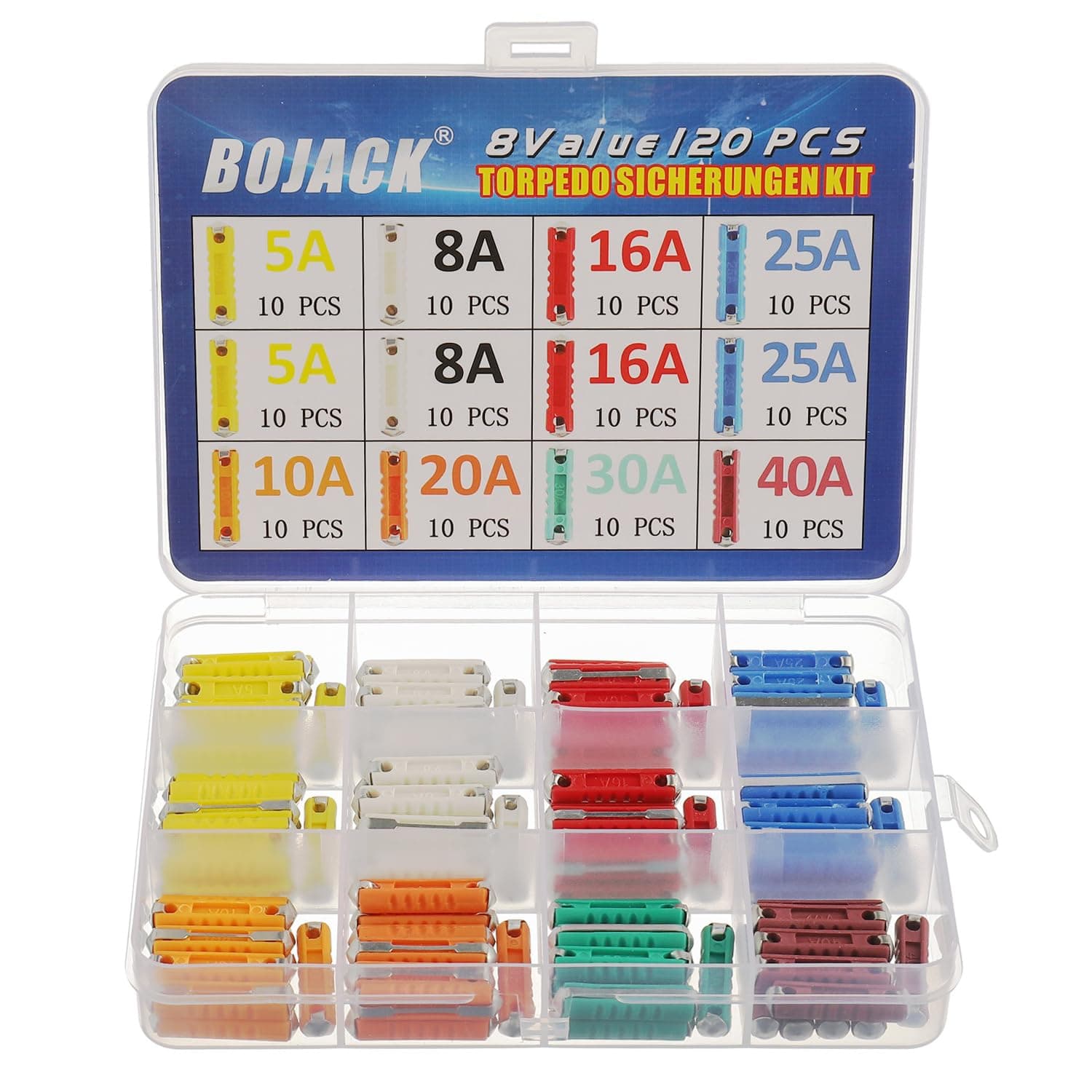 BOJACK 8 Types 120pcs Torpedo Fuses Set Torpedo Shaped Fuses Automotive Fuse 5A 8A 10A 16A 20A 25A 30A 40A for Protect Automotive Circuits with a Hard Plastic Box for Old Style Classic Cars