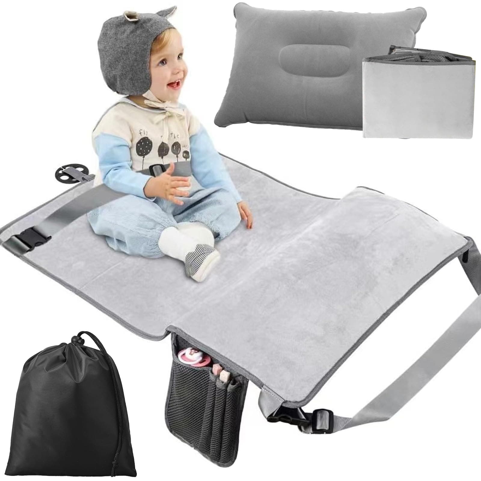 Toddler Airplane Bed Seat Extender with Upgraded Fabrics and Inflatable Pillow – Comfortable Airplane Seat Extender for Toddlers, Hammock Suitable for Children