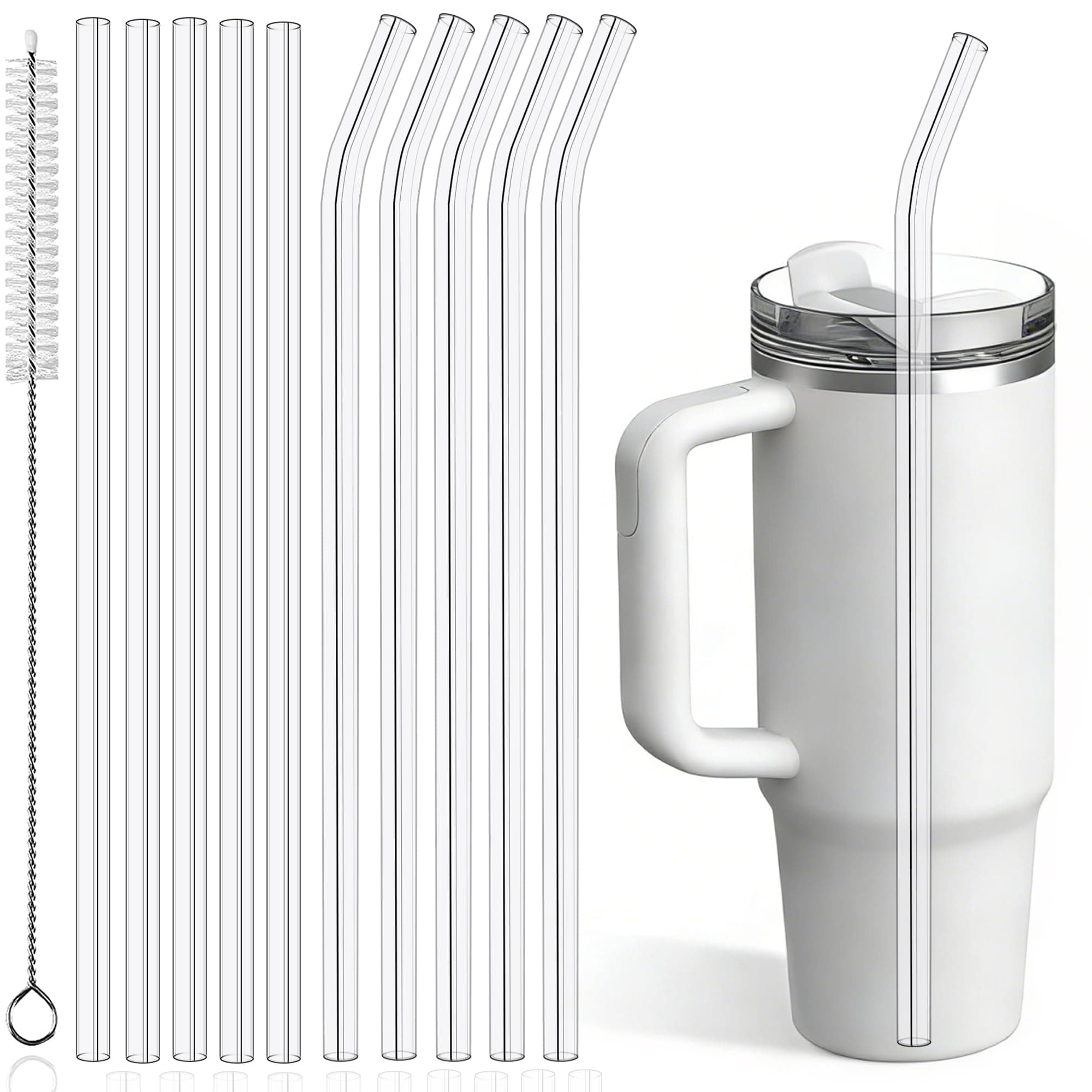 PROOCI 10-Pack 12" Replacement Straws for Stanley & Yeti 30oz-40oz Cup Tumbler, Food Grade Tritan Plastic Reusable Straws with Cleaning Brush, Clear Long Straw for Drinking Smoothie, Cocktails, Juice