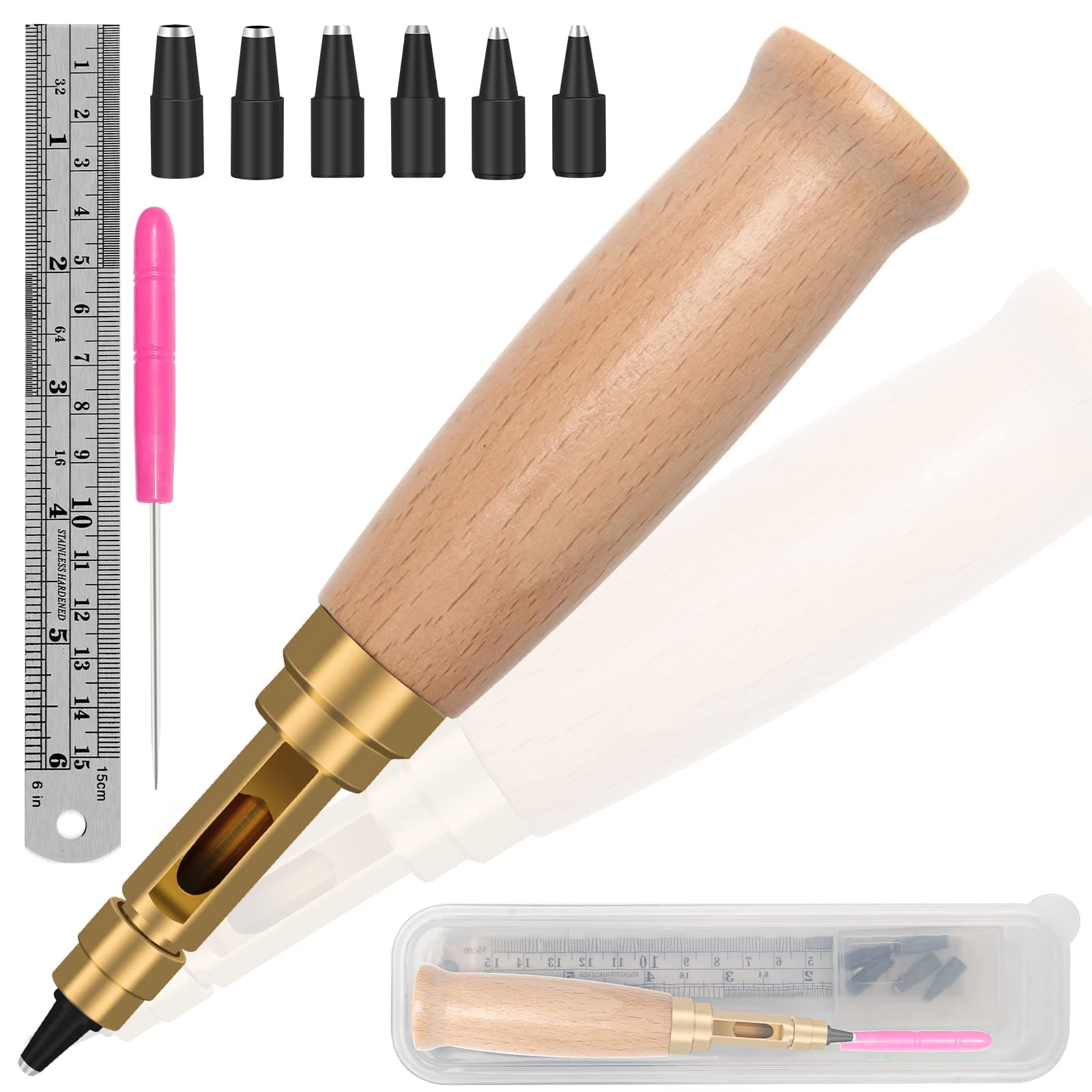 Boyistar Adjustable Japanese Screw Punch, 6 Tip Sizes Belt Hole Puncher for Leather, Wood Handle Leather Hole Punch Tool with Clear Box for Sewing Leather