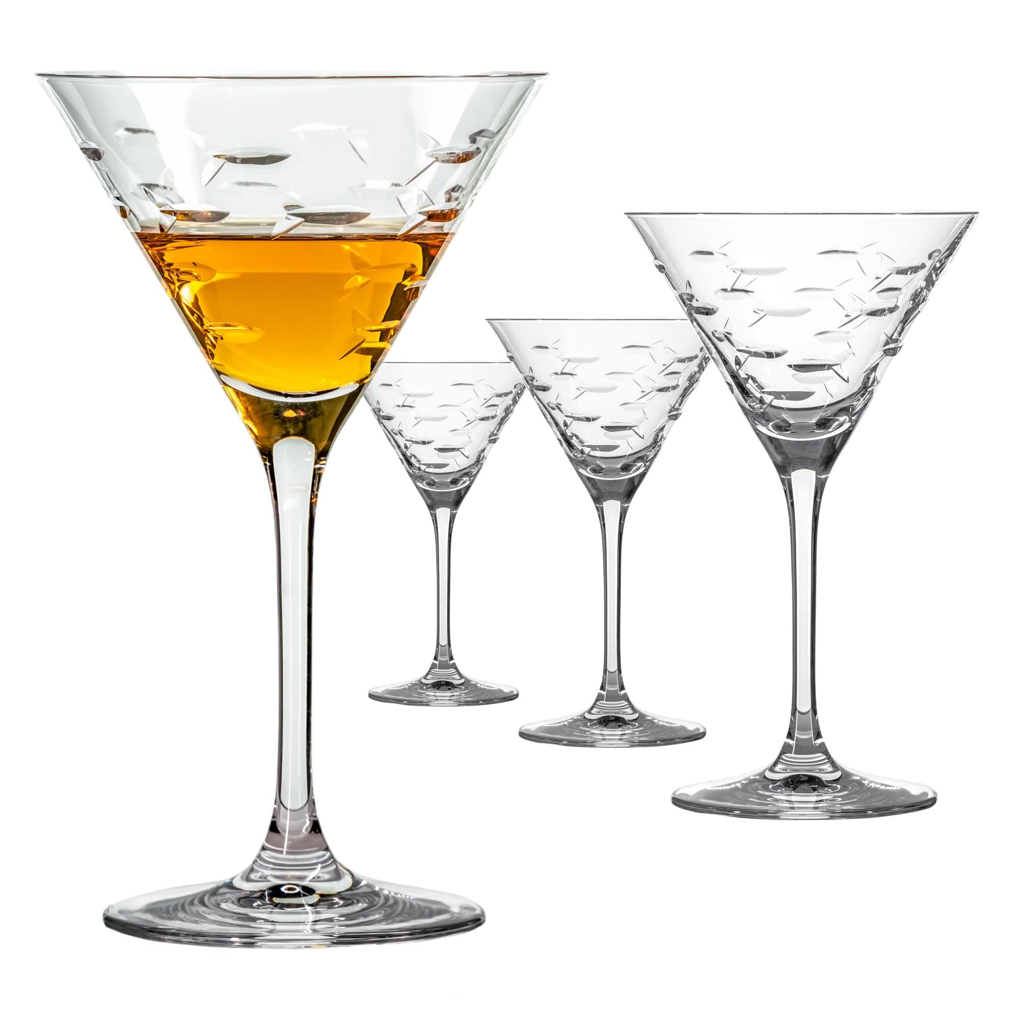 Rolf Glass School of Fish Martini Glass - Set of 4 Stemmed 10 oz. Martini Glasses - Lead-Free Glass - Diamond-Wheel Engraved Cocktail Glasses - Made in the USA