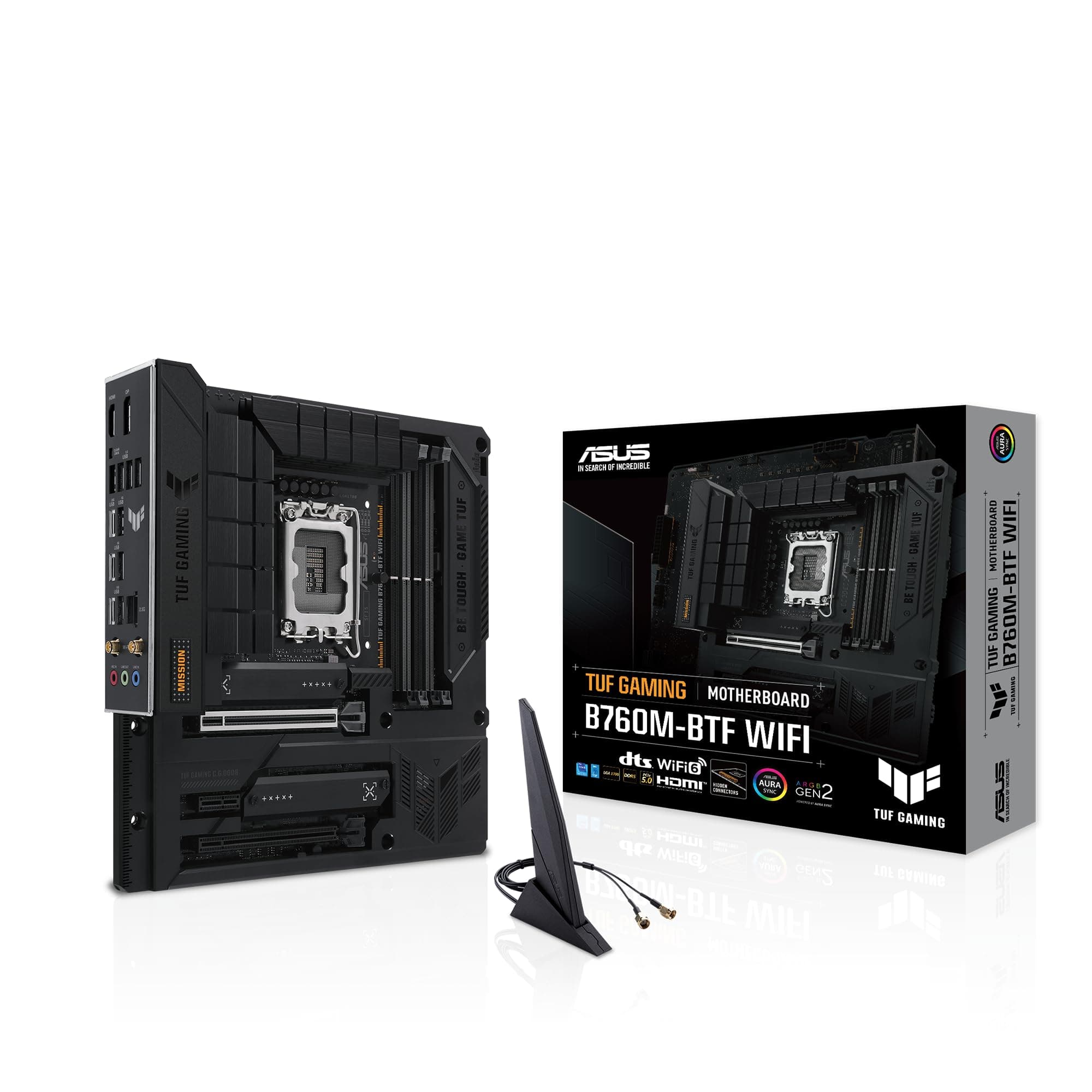 TUF Gaming B760M-BTF WiFi Intel B760 (LGA 1700) mATX Motherboard with DDR5, PCIe 5.0, 3X PCIe 4.0 M.2 Slots, 12+1 DrMOS, Wi-Fi 6, 2.5Gb LAN, DP, HDMI, USB 3.2 Gen 2x2 Type-C, Hidden Connector Design