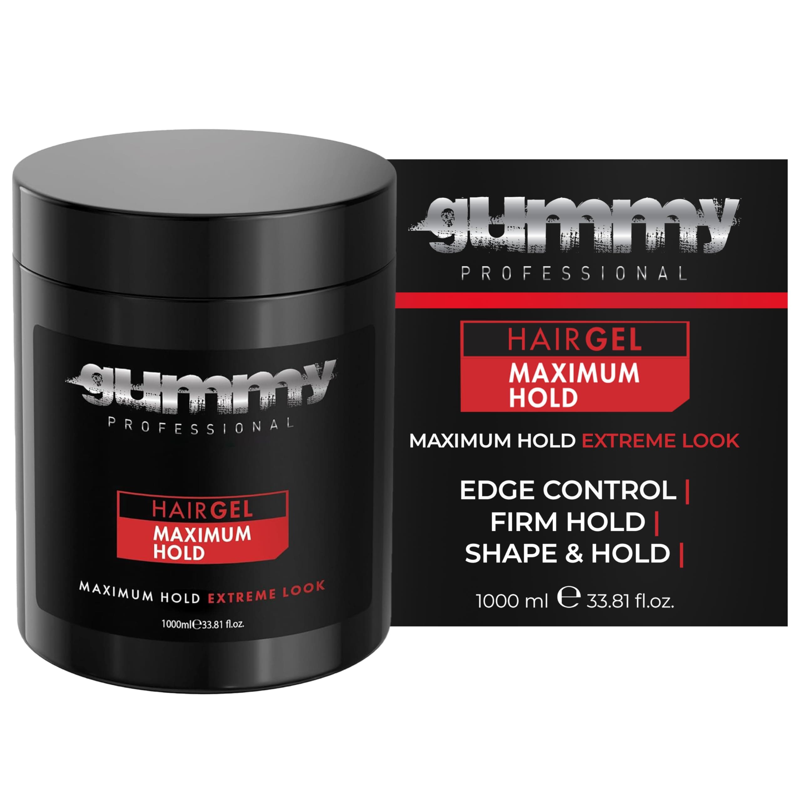 Gummy Professional - Hair Gel for Men and Women – Strong Hold Styling Gel for Slick Back Looks, Curls, Braids, Twists, and Edge Control – Clear Gel for Shine, Neat Styles, and Conditioning – 1000ml