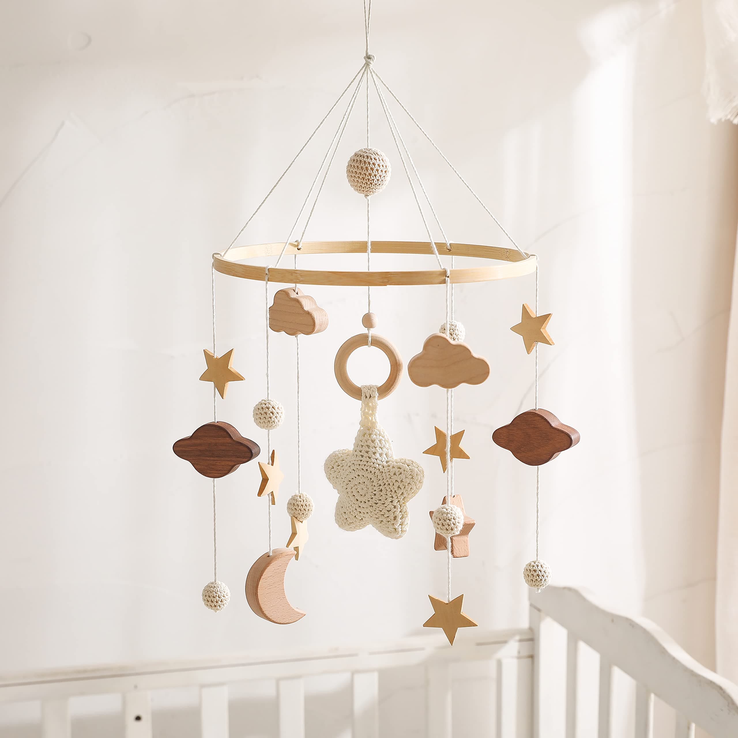 let's make Baby Crib Mobile for Boys Girls| Boho Nursery Mobile| Gender Neutral Hand-Crocheted Mobile| Ceiling Mobile - Stars, Clouds, Moon