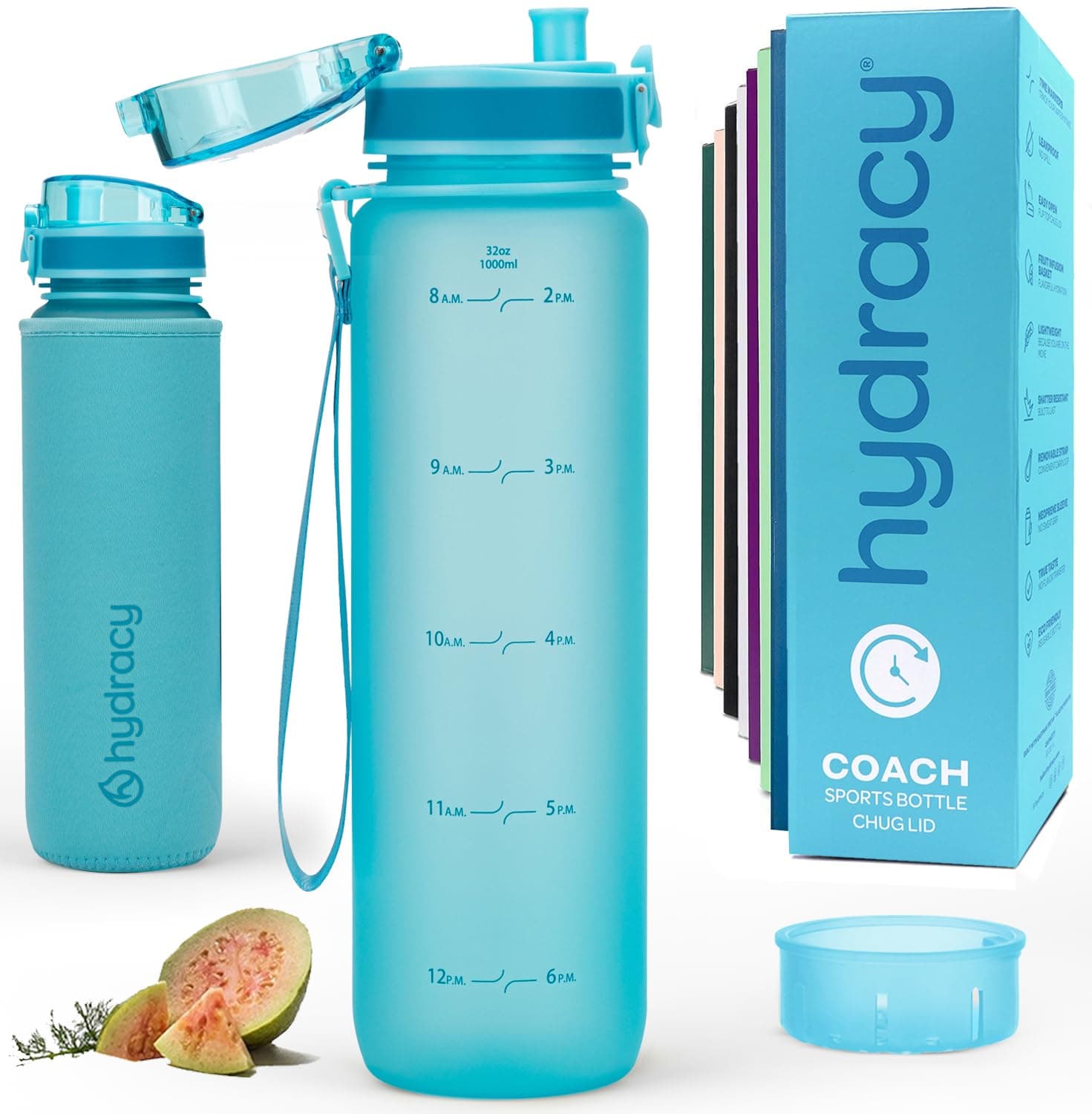 Water Bottle with Time Marker -Large BPA Free Water Bottle & No Sweat Sleeve -Leak Proof Gym Bottle with Fruit Infuser Strainer & Times to Drink -Ideal for Fitness Sports & Outdoors
