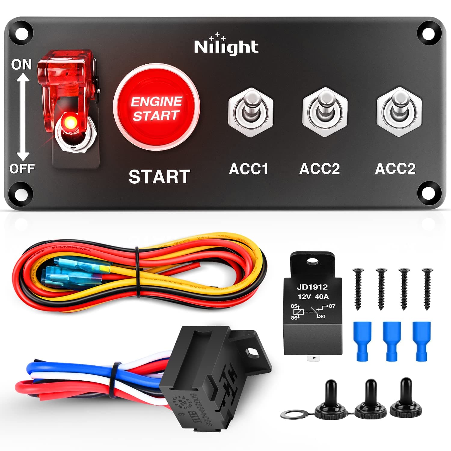 Nilight Ignition Switch Panel 12V 5 in 1 Rocker Switch with Engine Push Button Toggle Switches with relay wiring harness LED for RV Truck Racing Car Boat Marine Trailer, 2 Years Warranty