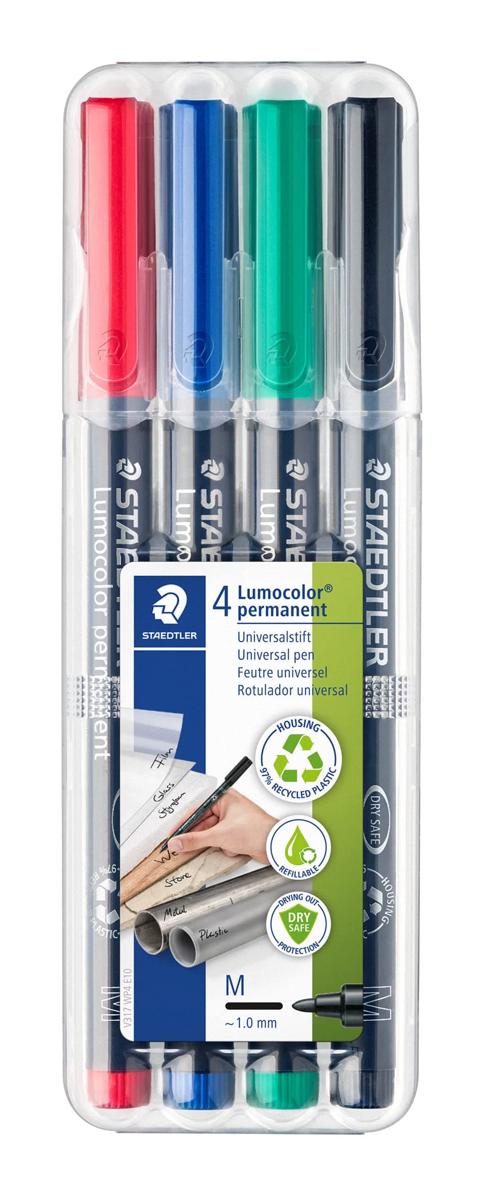 Staedtler Lumocolor Universal Pen, Medium, Felt Tip, Permanent Marker, Box Of 4 Assorted Color Pens, 1.0Mm 317 Wp4 (Pack Of 4)