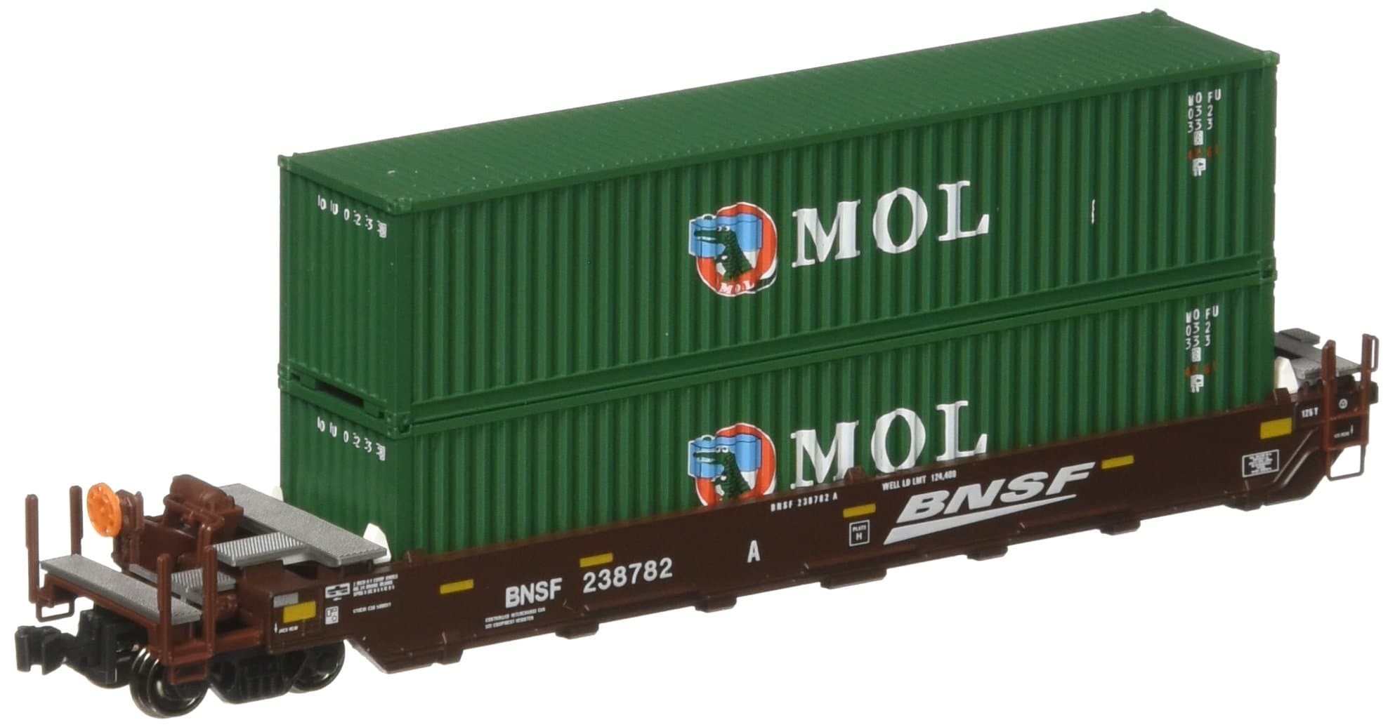 Kato USA Model Train Products Gunderson MAXI-I BNSF "Swoosh" #238782 Double Stack Car Set with MOL 40' Containers, 5-Unit Set