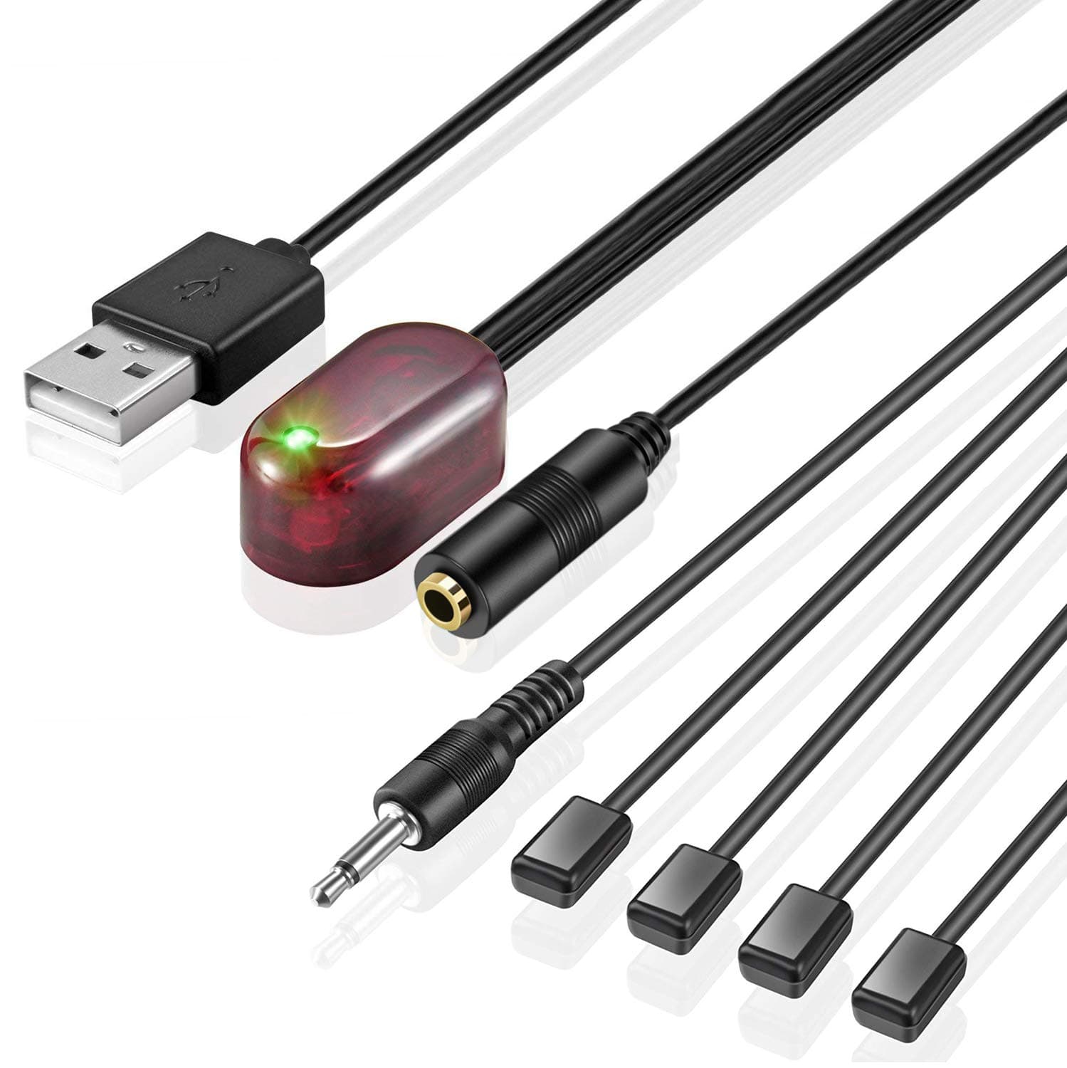IR Repeater Hidden Infrared Remote Extender System 1 Receiver 4 Emitters Control Kit USB Adapter for Amplifier Cable Box Satellite TV Receiver CD Player DVD Player Blu-ray Player
