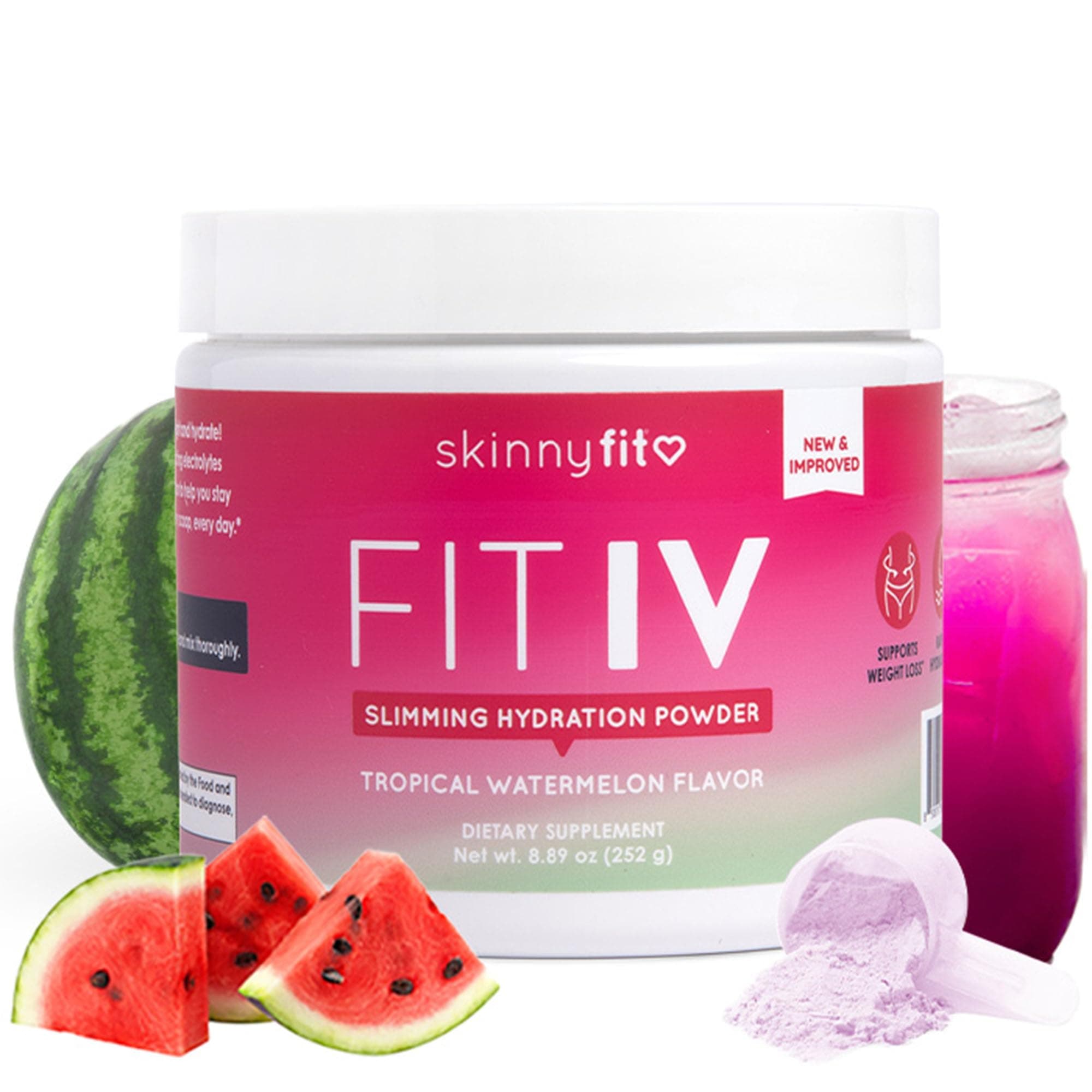 SkinnyFit - Fit IV Slimming Hydration Powder, Tropical Watermelon (Jar, 28 Scoops) - New & Improved Formula - Electrolytes, Vitamin C, Vitamin B3 - Vegan, Gluten Free, Dairy Free - Beauty & Self Care