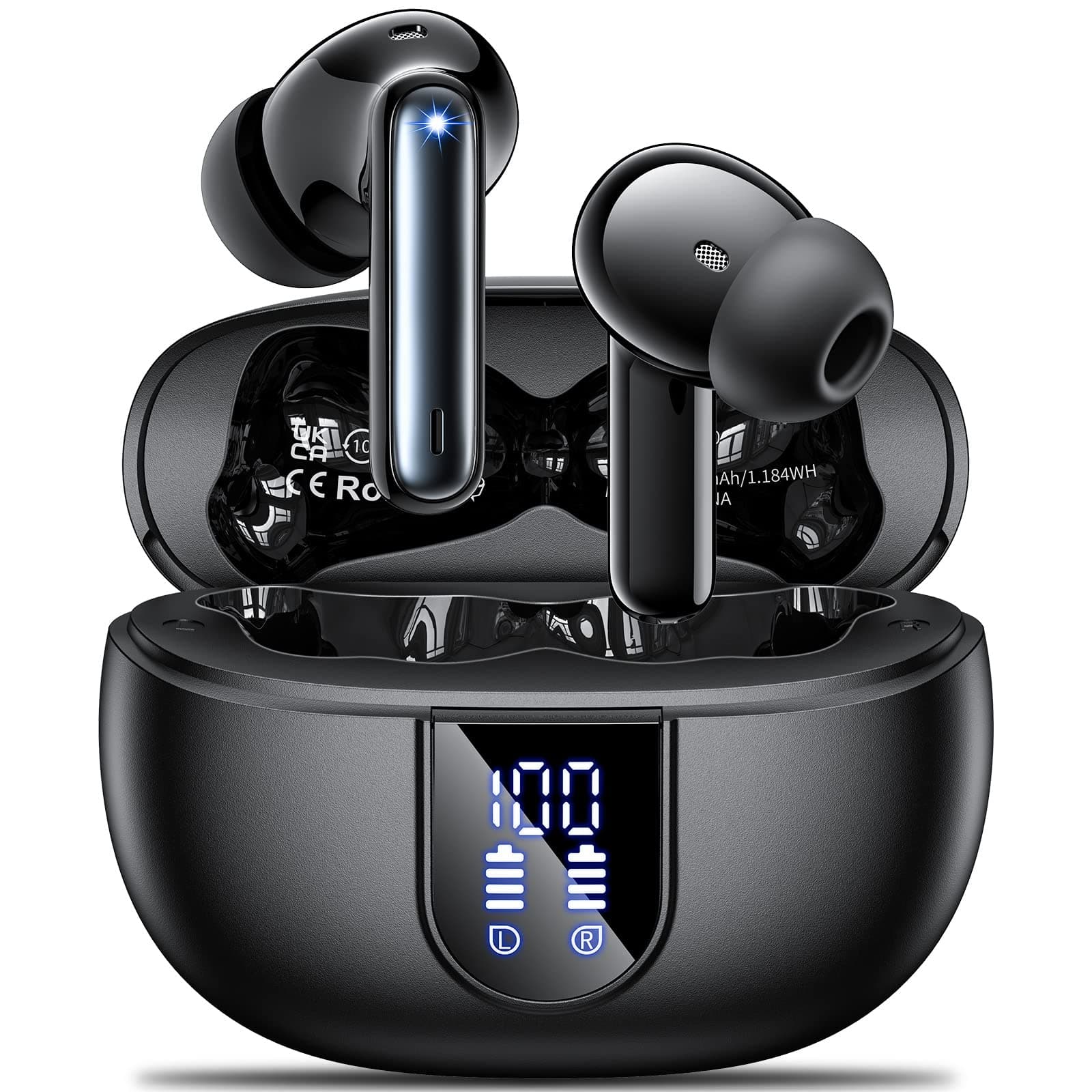 Wireless Earbuds,Wireless Headphones Bluetooth 5.3 Earphones in Ear with 4 Mic AI-Enhanced Calls Noise Cancelling LED Display HiFi Stereo 42H Playtime Bluetooth Headphones Touch Control/IPX7/Black