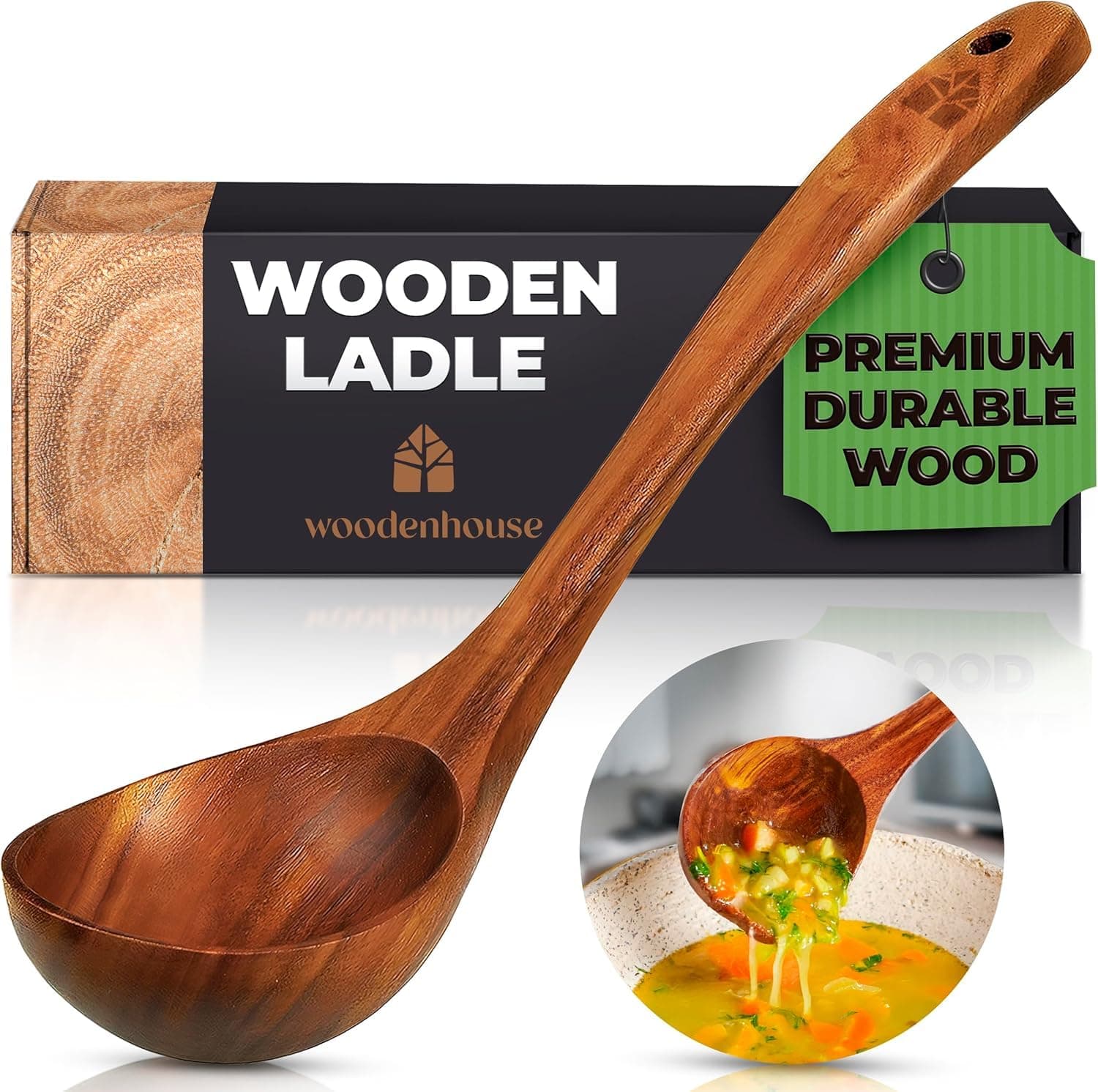 Wooden Ladle for Cooking, Soup Spoon Ladle – Teak Wooden Serving Spoon, 12.4″ Handle, Medium Scoop Size 2 oz – Eco Friendly, Natural and Sustainable