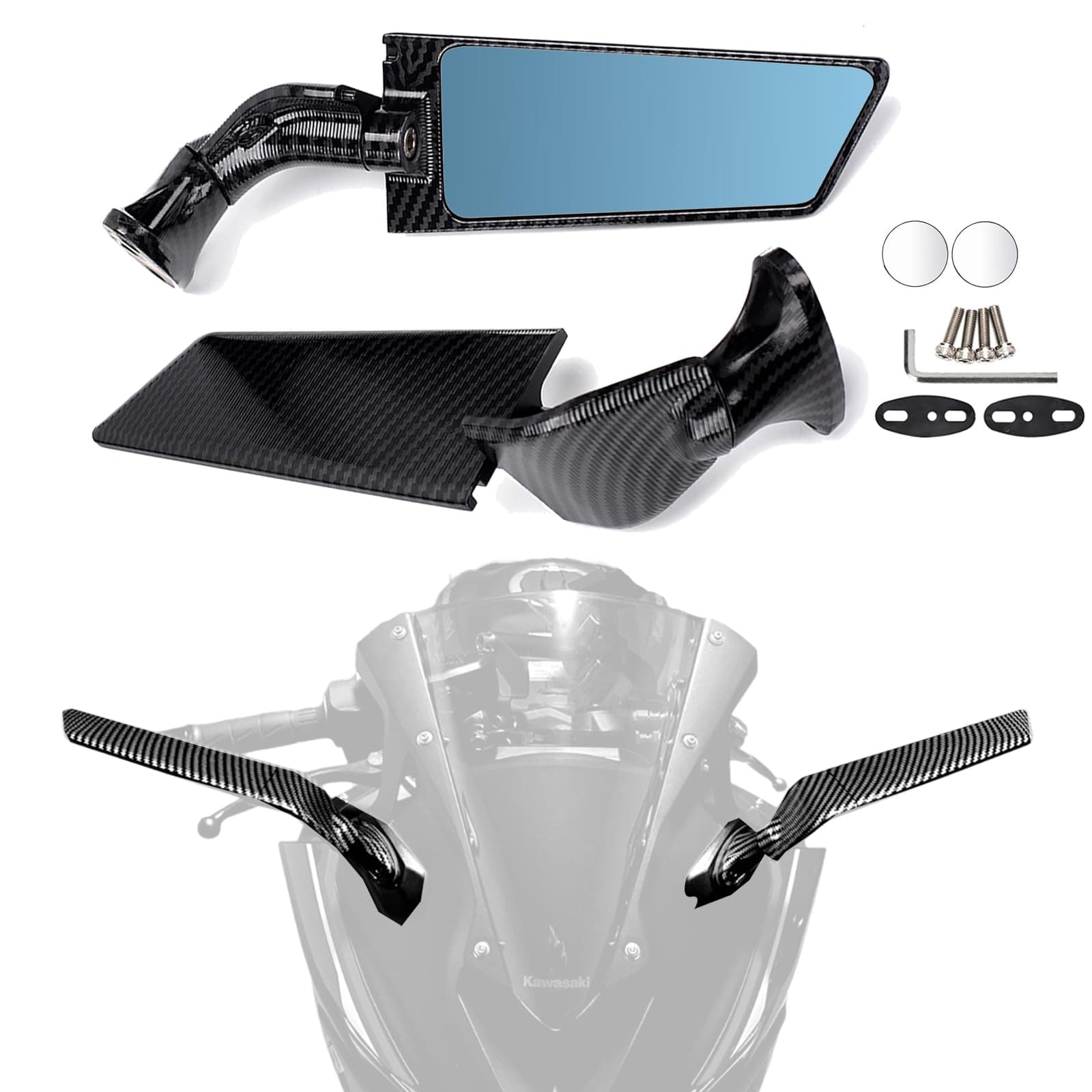 XINGWU Motorcycle Mirrors Adjustable Rotating Stealth Mirrors Rearview Mirrors Carbon Fiber Style for CBR300R CBR500R CBR600RR CBR1000RR Ninja 300 400 650 ZX10R GSXR 600 750 Side Wing Mirrors (Blue)