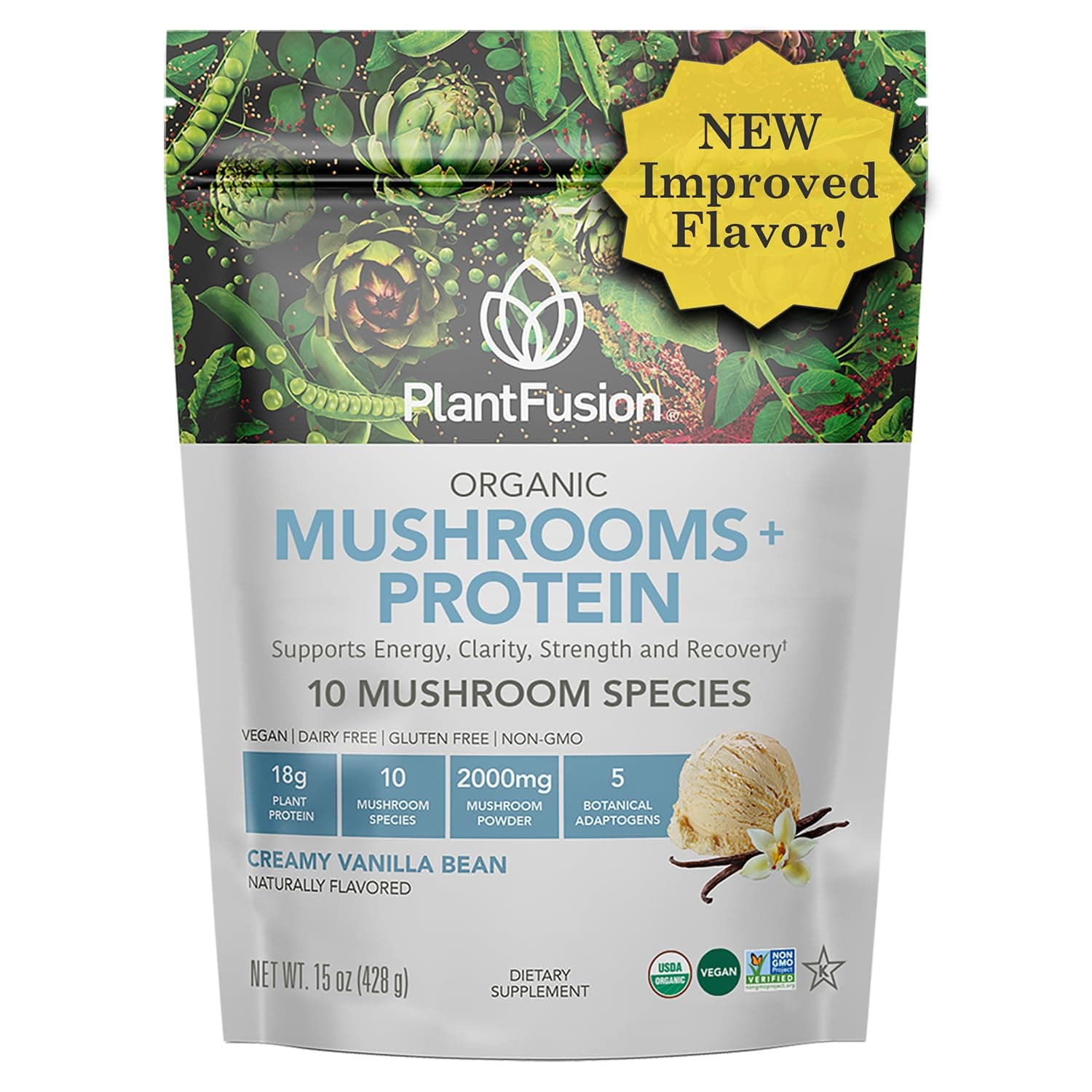 - PlantFusion Mushroom Protein Powder - 3 in 1 Vegan Protein Powder, Mushroom Supplement, and Adaptogen Supplement - Support Mental Focus, Immunity, and Recovery - Vanilla 1lb