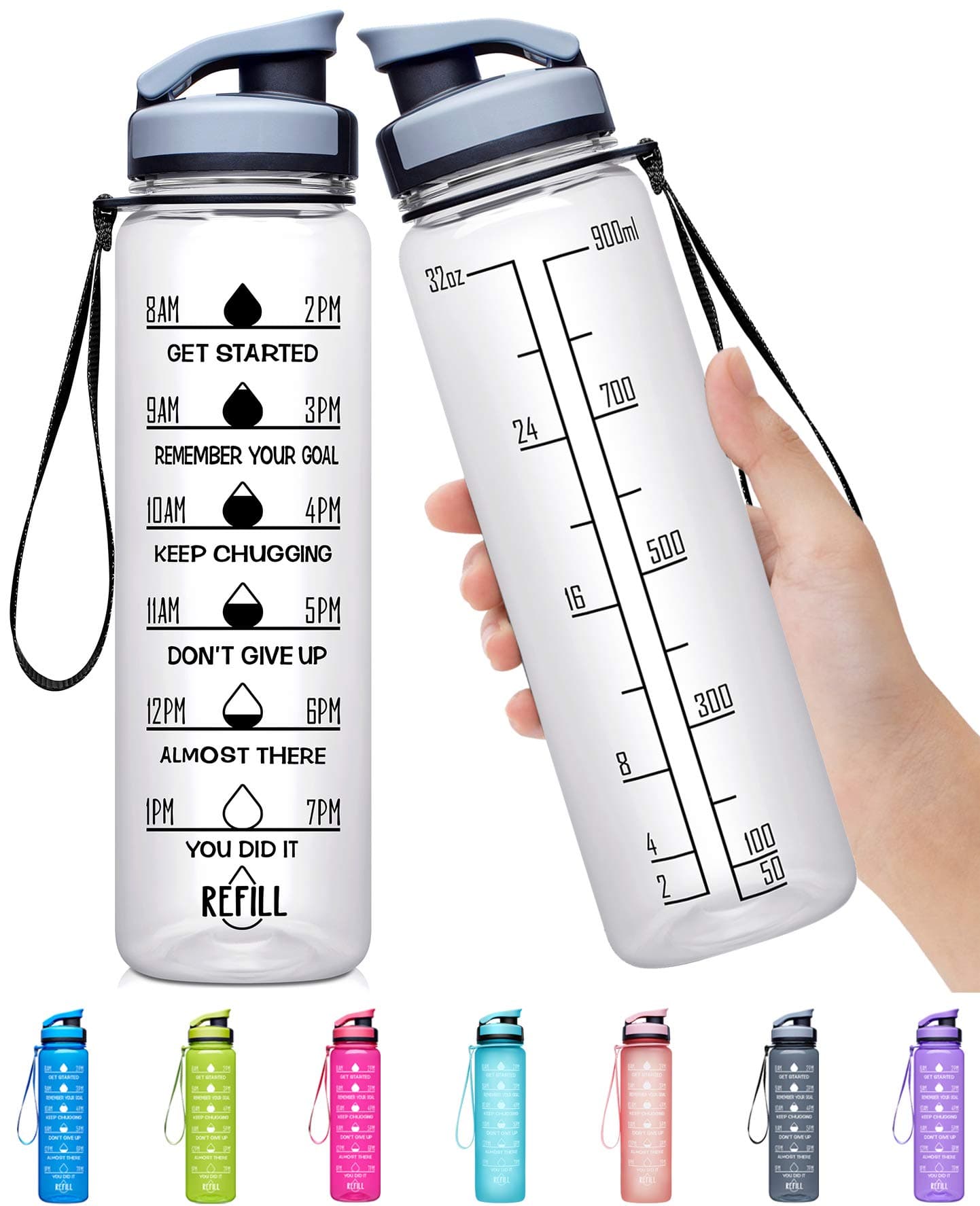 Elvira 32oz Large Water Bottle with Motivational Time Marker & Removable Strainer,Fast Flow BPA Free Non-Toxic for Fitness, Gym and Outdoor SportsTransparent-Black