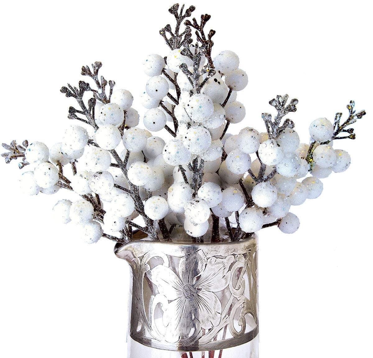 OLYPHAN Winter Berry Picks/White Holiday Berries Pick/Decorative Christmas Artificial Berry Stems for Wreaths, Garland, Crafts DIY Ornaments/Xmas Decor Craft/Set 8 Glitter Sprays Artificial Snow