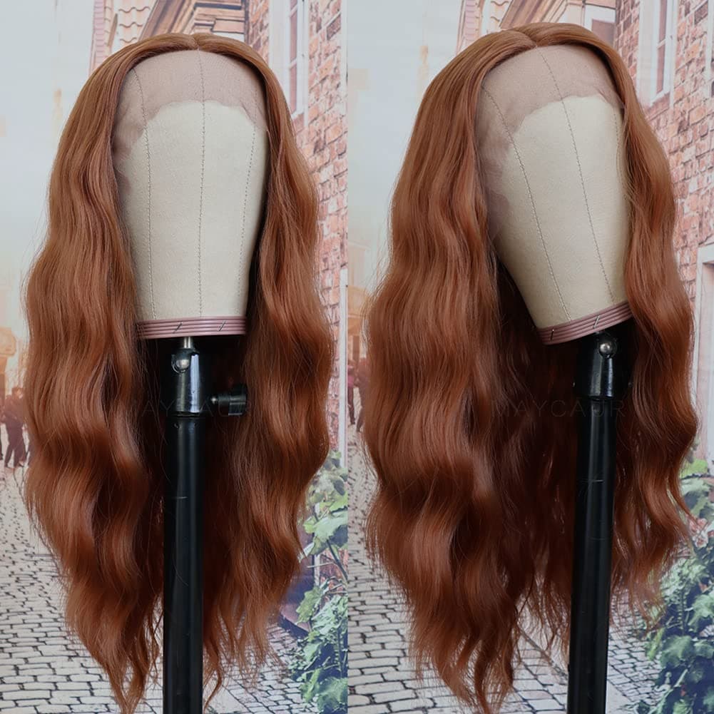 Maycaur Ginger Lace Front Wigs Long Wavy Hair Glueless Synthetic Lace Front Wigs for Fashion Women Reddish Brown Color Half Hand Tied Wigs Heat Resistant Soft Fiber Hair