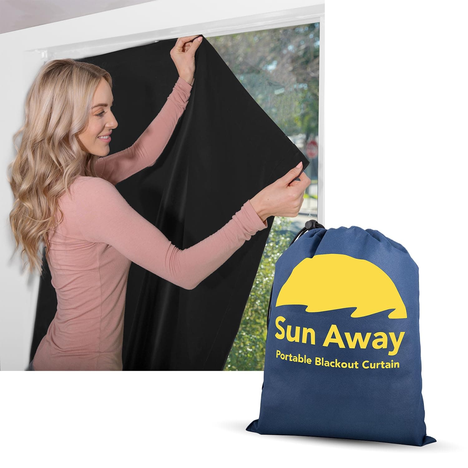 SUN AWAY Portable Blackout Curtain with Suction Cups - Premium Easy Install Shade No Tools Required - Temporary Blinds, Perfect for Baby Nursery or Dorm Room - with Travel Bag (66” Long x 51” Wide)