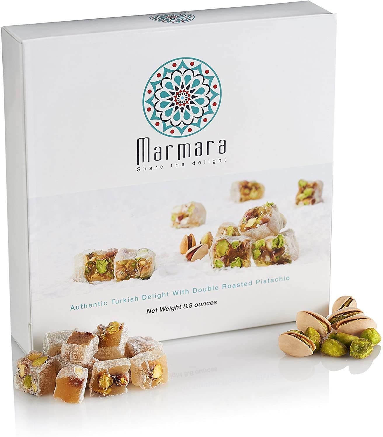 Turkish Delight with Double Roasted Pistachio Marmara authentic Sweet Confectionery Gourmet Box Candy Dessert Large 8.8 ounce