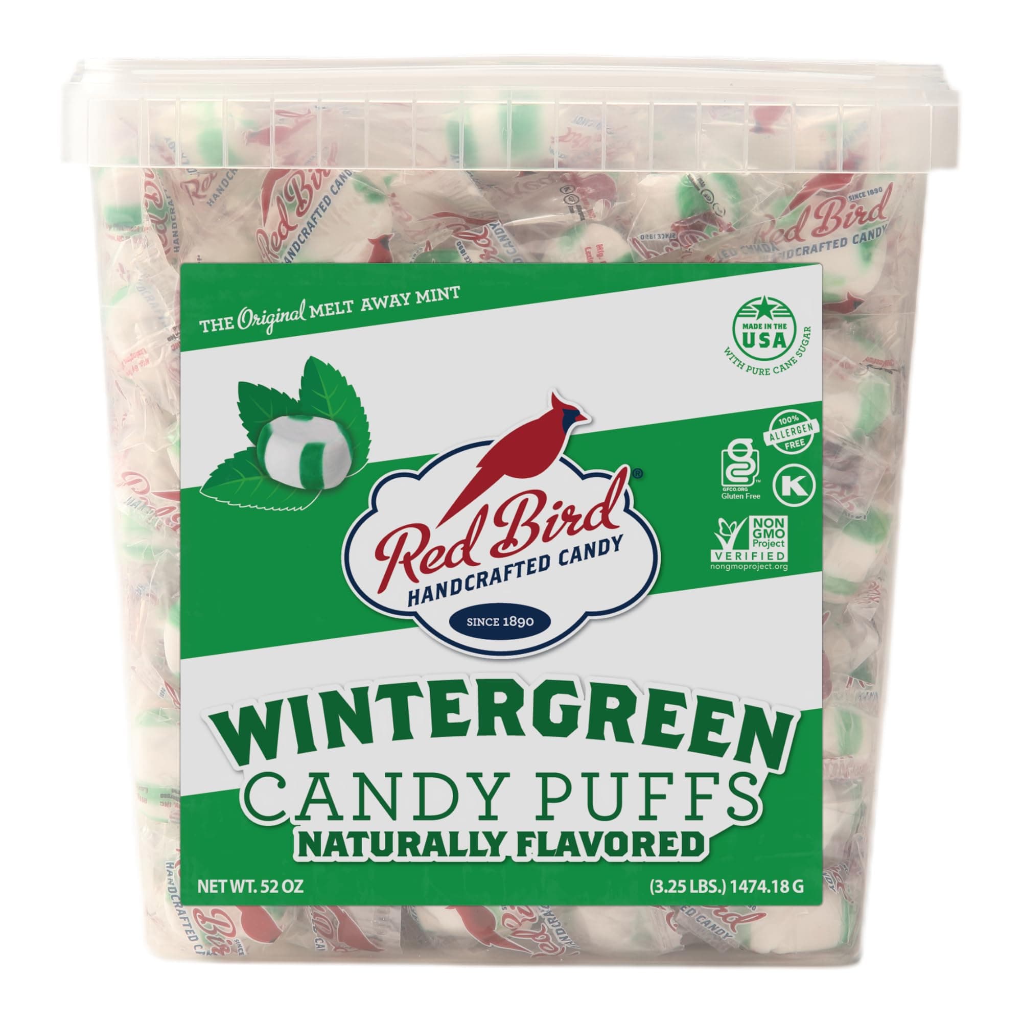 Red Bird Soft Wintergreen Mint Puffs 52 oz Bulk Tub w/Handle, Individually Wrapped, Gluten Free, Kosher, Free from Top 8 Allergens, Made with 100% Pure Cane Sugar, 3.25 lbs