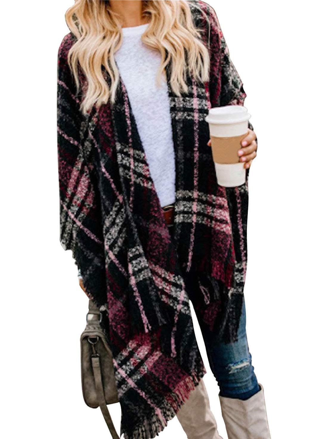 Women Boho Buffalo Plaid Poncho Pashmina Shawl Wrap Cape Sweater Knitting Cardigan with Tassel
