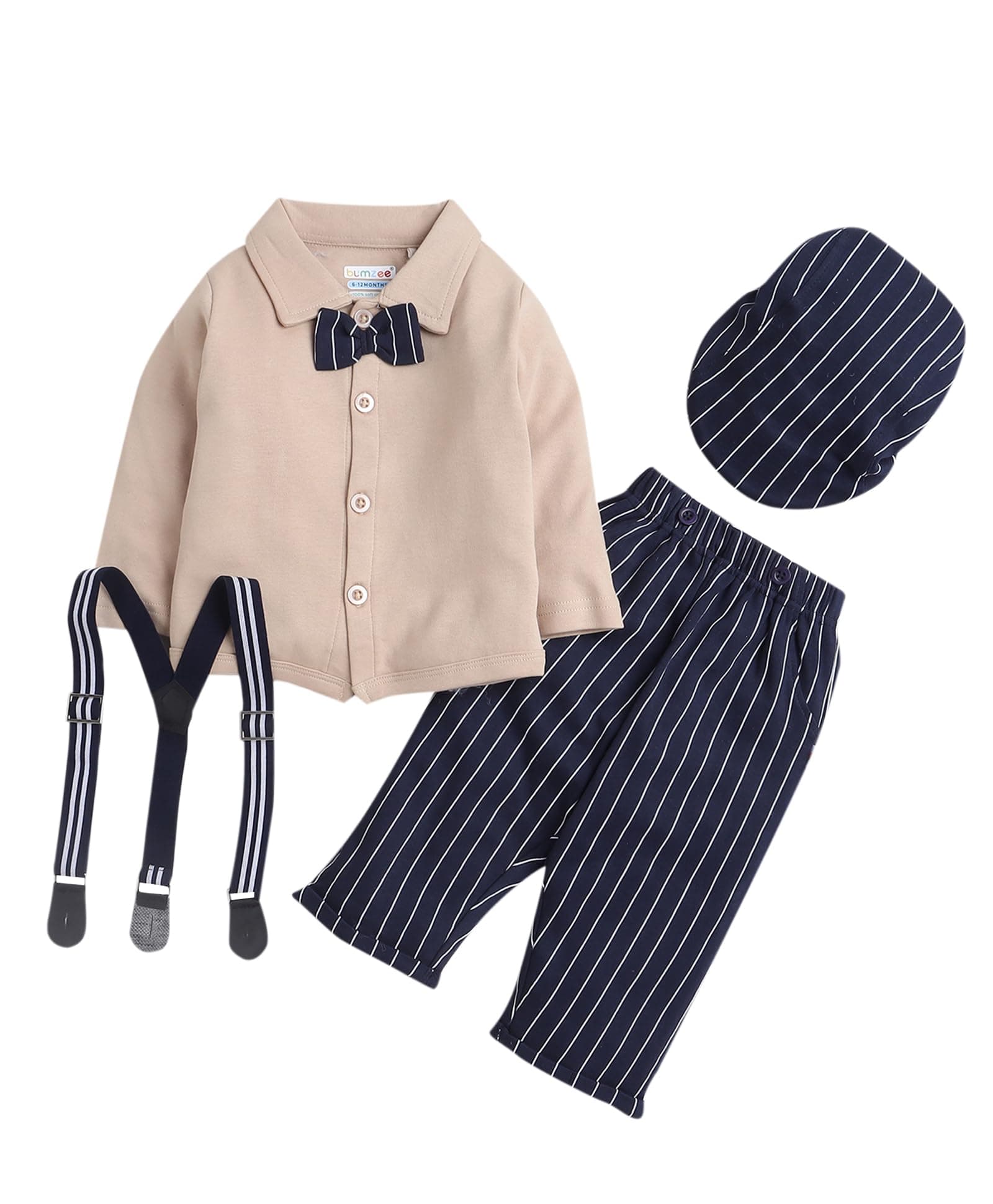Boy's Cotton Printed Full Sleeves Shirt Pant Set With Suspender & Cap (Peb9937)