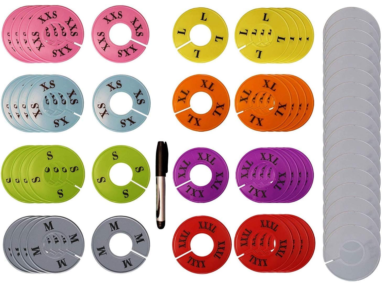 Clothing Size Dividers 55 Pieces Round Hangers Closet Dividers Multi COLORED Size Series XXS to XXXL and 15 Blank Pieces with Marker Pen, Rack Size Dividers Round Hanger Garment Sorting Storage Tubes