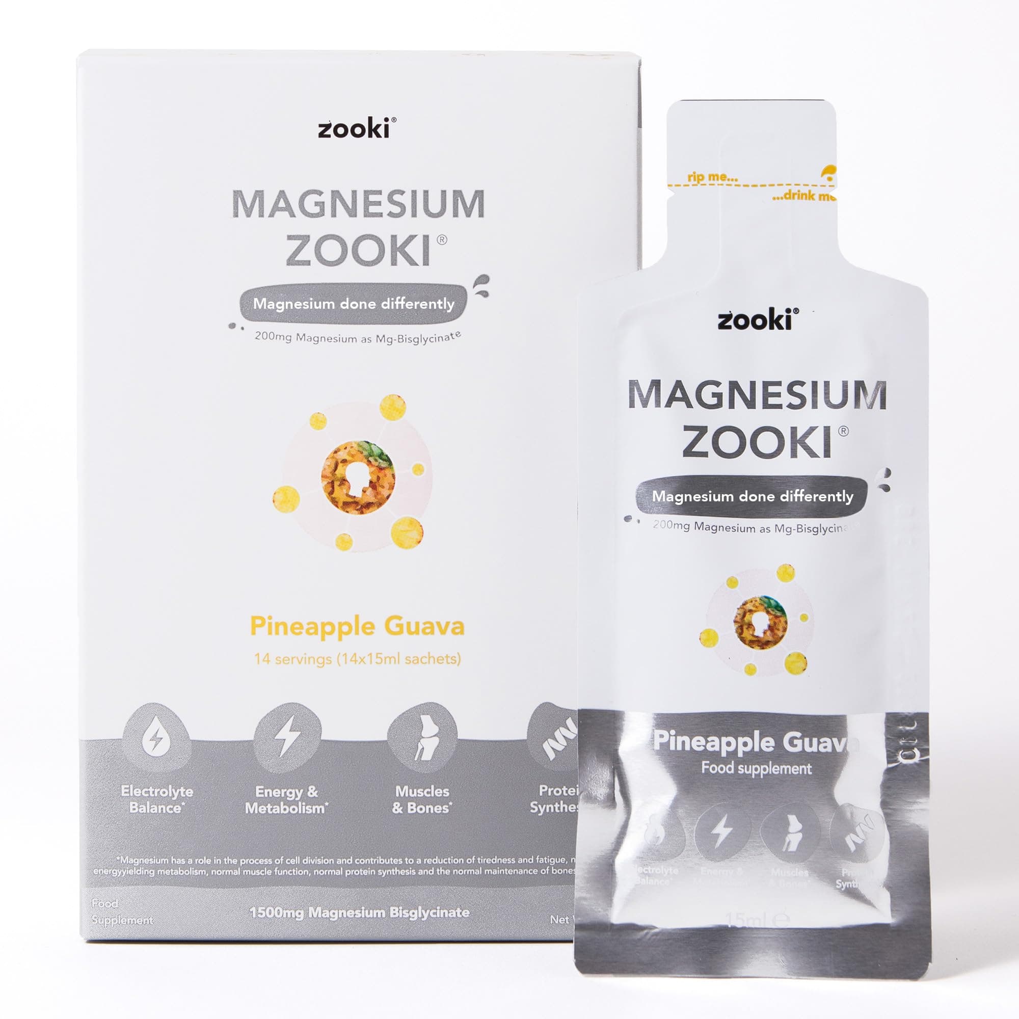 Zooki Liposomal Magnesium Glycinate Liquid Sachets, High Strength Magnesium Supplement, Liquid Magnesium for Muscle Relaxation Sleep & Energy Support, Vegan Sachets (Pineapple, 30 Servings)