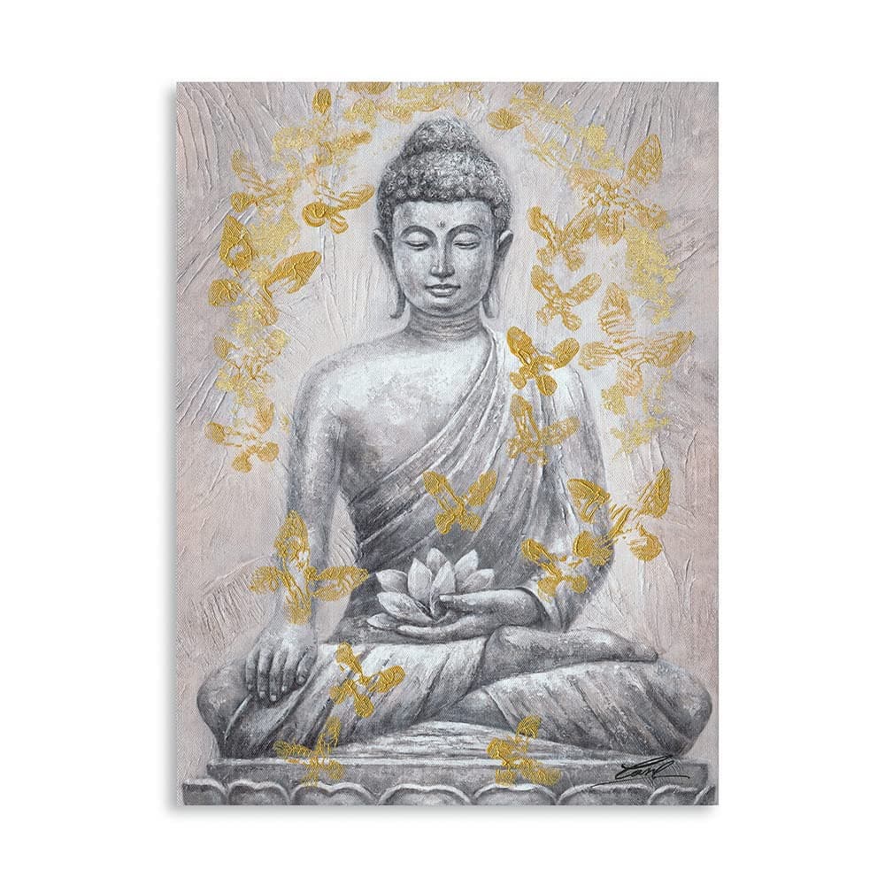 Yidepot Buddha Canvas Wall Art Gold-foil: Zen Statue Textured Print with Lotus Flower for Buddhism Prayer Wall Decor Inspirational Posters for Spa Yoga Room Decorations Framed Ready to Hang 12"x16"