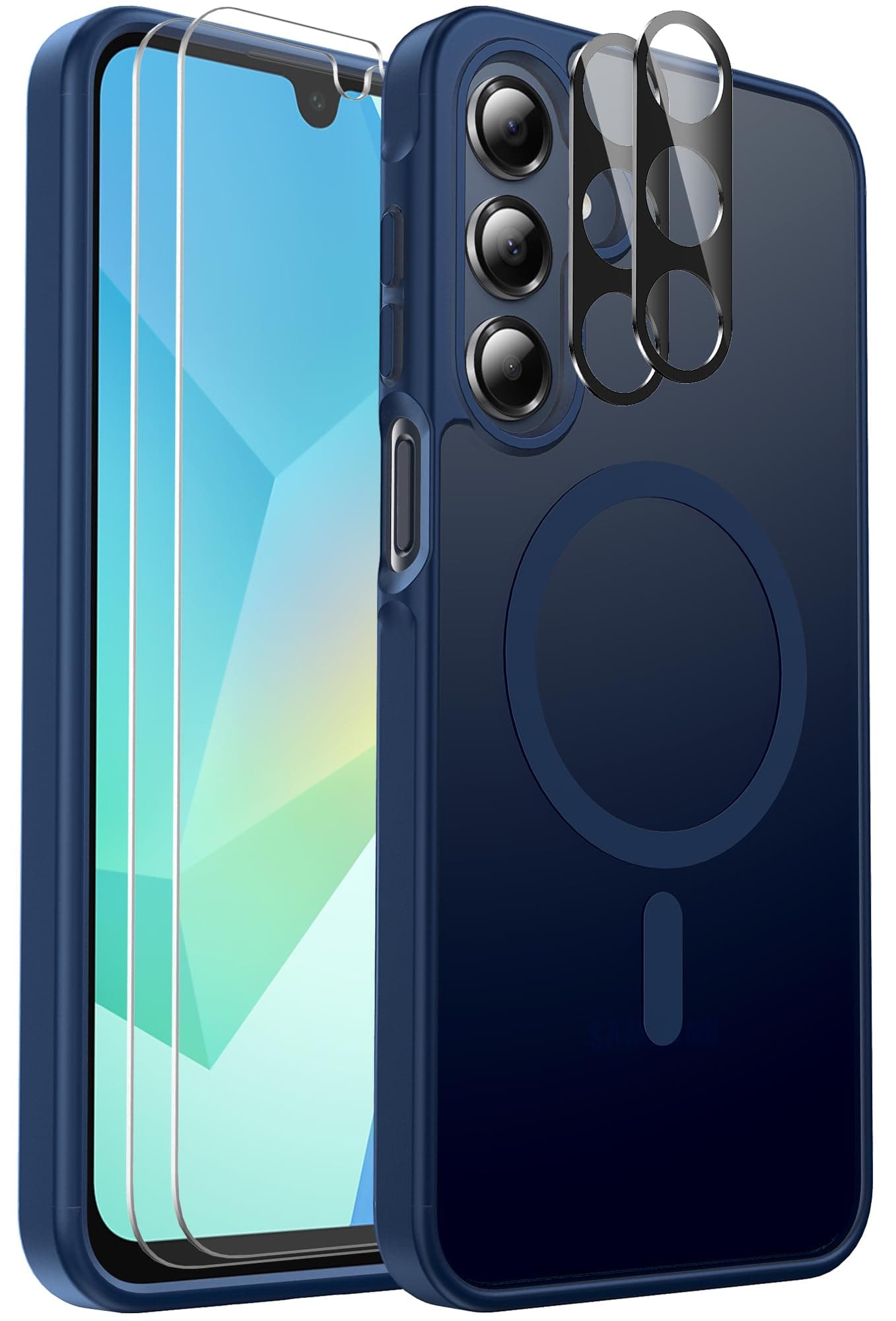 Ezanmull for Samsung Galaxy A16 5G Phone Case Magnetic Shockproof, [Fit for MagSafe] [Glass Screen Protector + Camera Lens Protector] Translucent Anti-Fingerprint (Blue)