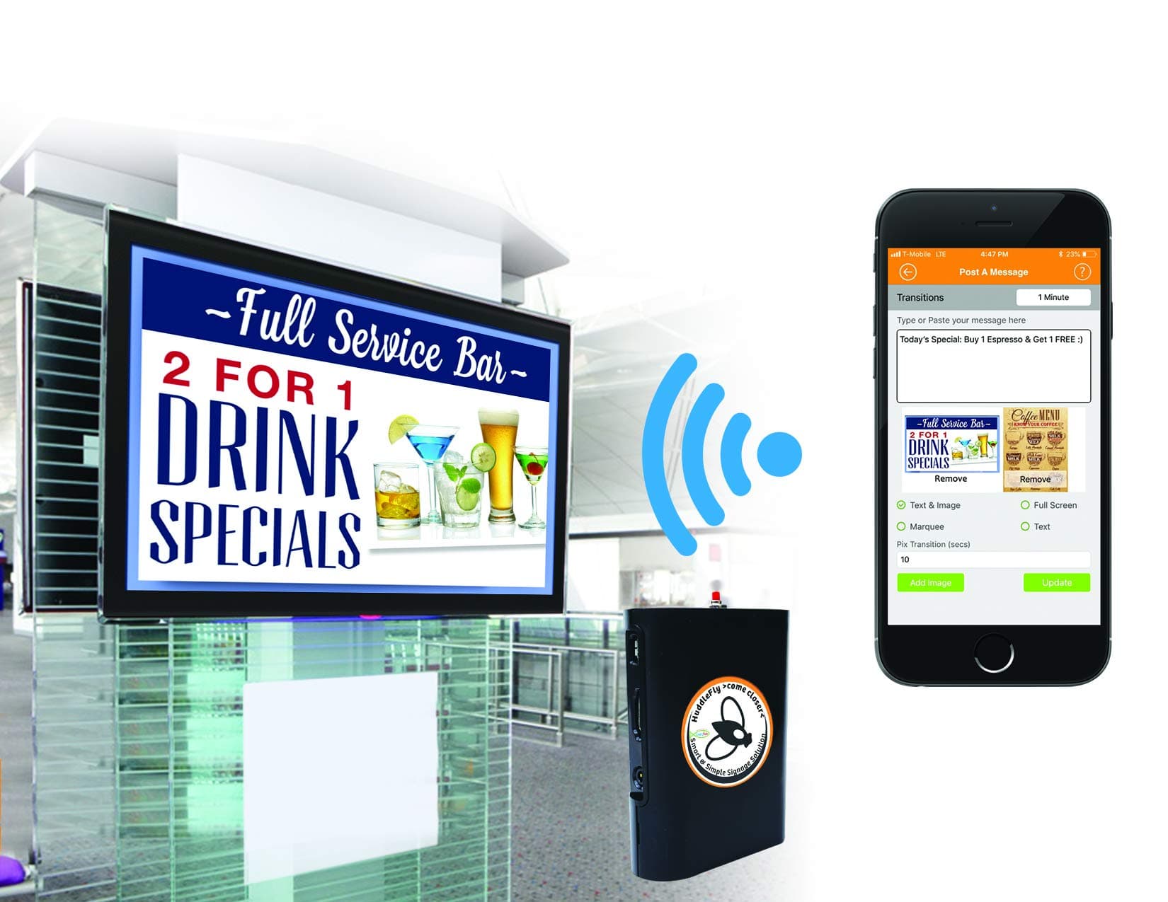 HuddleFly Wi-Fi Digital Signage Player. Control device using iPhone or Web. Play PowerPoint, Facebook, Calendar, YouTube, Websites, Weather, News, Stocks & Pix/Videos. Free Support & No Monthly Fees!