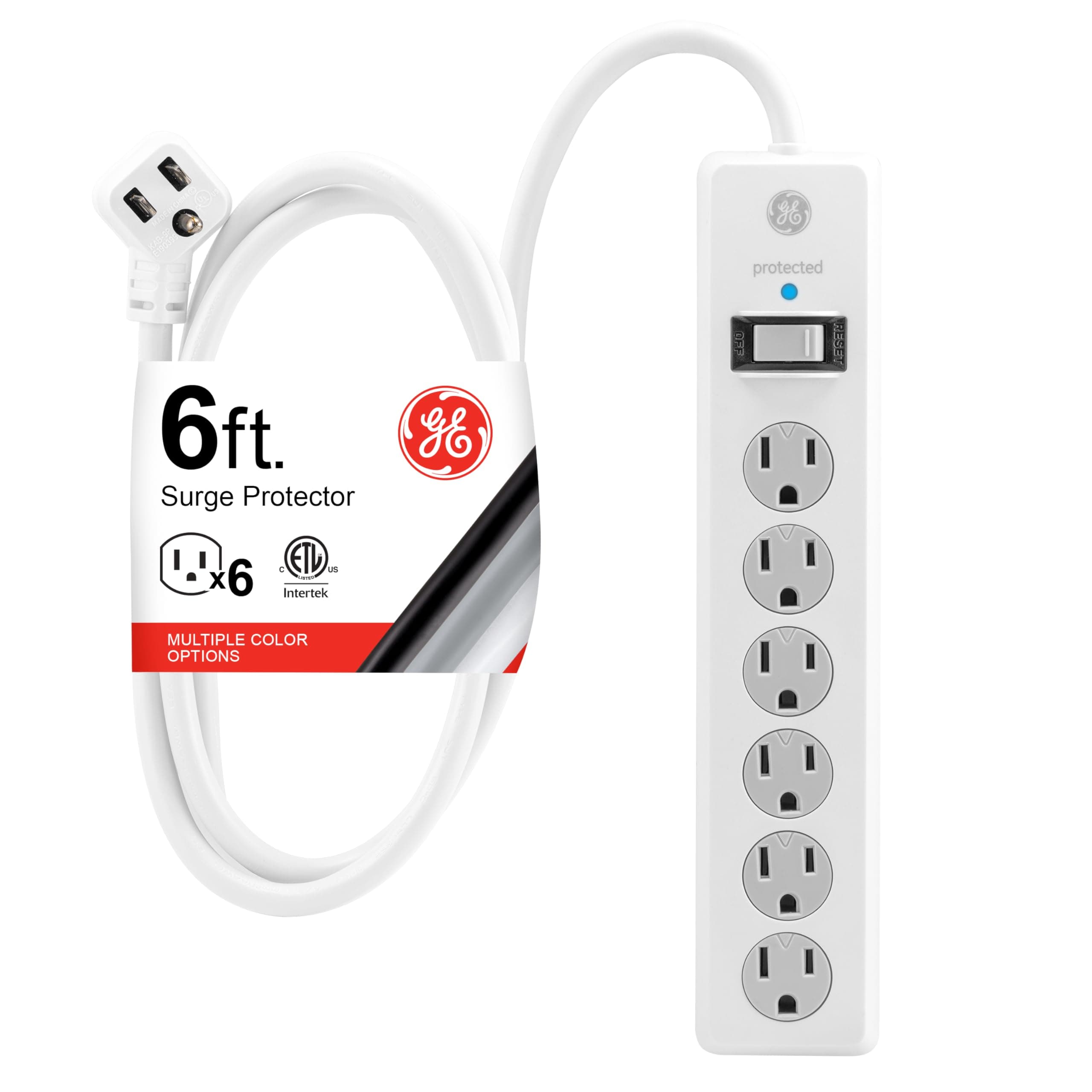 GE Surge Protector Power Strip, 6 Ft Extension Cord, 6 Outlet Extender, 800 Joules, Flat Plug, Twist-to-Close Safety Covers, ETL Listed, White, 67051