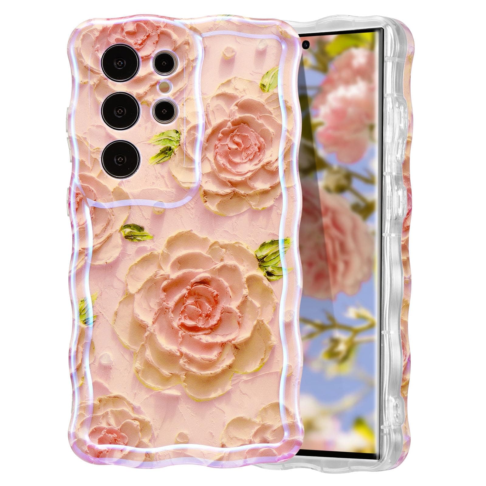 EYZUTAK Case for Samsung Galaxy S24 Ultra, Colorful Retro Oil Painting Flower Laser Pattern Cute Curly Wave Edge Exquisite Phone Cover Stylish Durable TPU Protective Case for Girls Women - Pink Orange