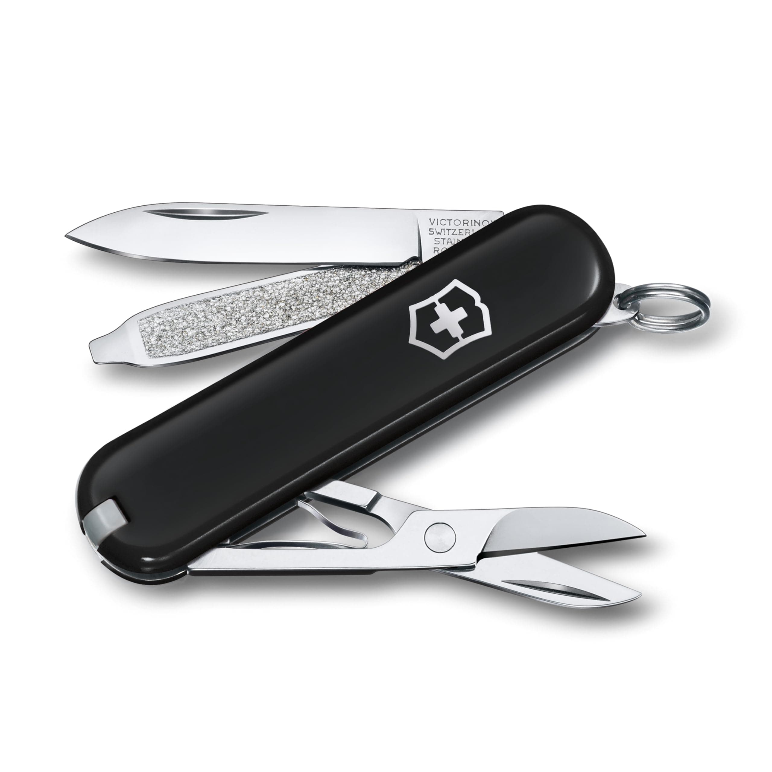 Victorinox Classic SD Mini Swiss Army Knife, Camping Pocket Knives, 7 Functions, Blade, Keyring, Black