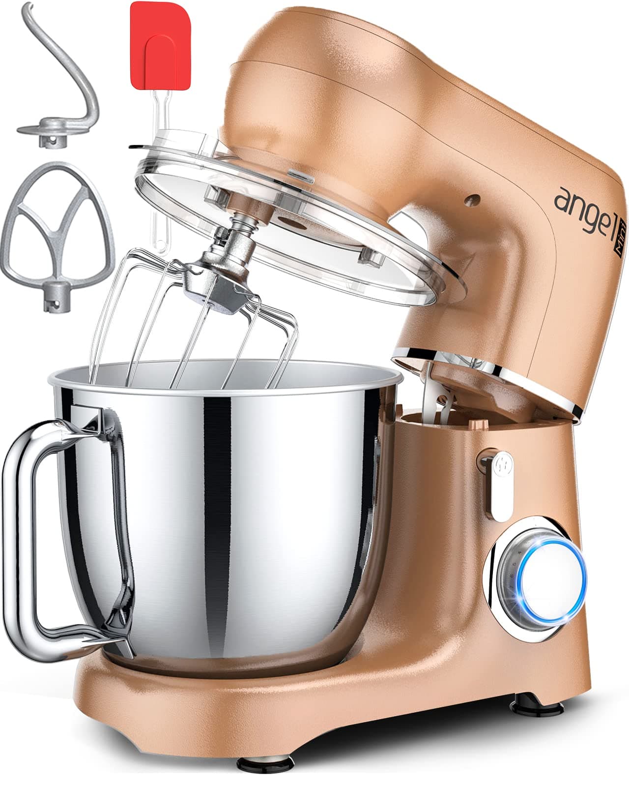 Mini angel Stand Mixer 1300W 5L 10+1 Speed Food Mixer for Baking Dough Mixer with Aluminum Dough Hook & Beater, Stainless Steel Whisk & Bowl with Handle, Dishwasher Safe, with UK Plug(Champagne) [Energy Class A+++]